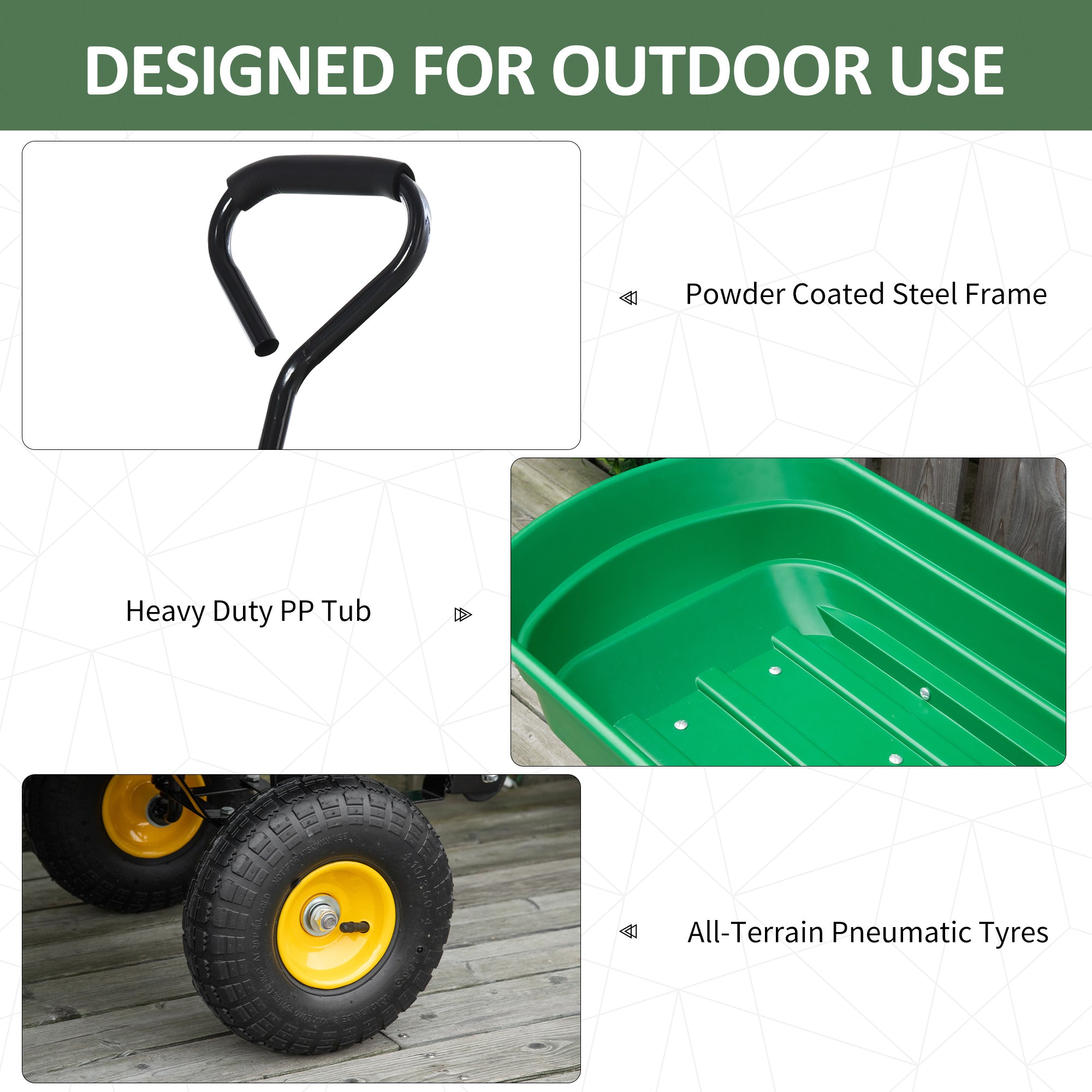 Outsunny 75 Litre Large Garden Cart Heavy Duty 4 Wheel Trolley Dump Wheelbarrow Tipping Truck Trailer - Green - North Peak Garden Furniture
