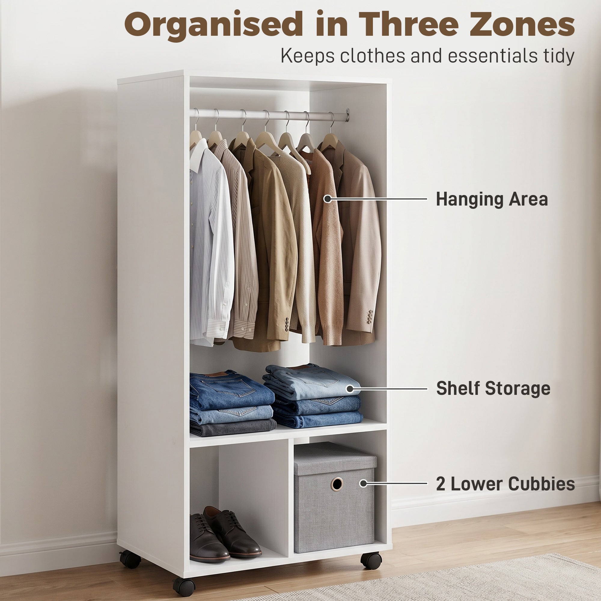 HOMCOM Open Wardrobe for Bedroom, Small Wardrobe on Wheels with Clothes Rail, Storage Shelves, Mobile Garment Rack for Clothes Storage, Cloakroom, Hallway, White