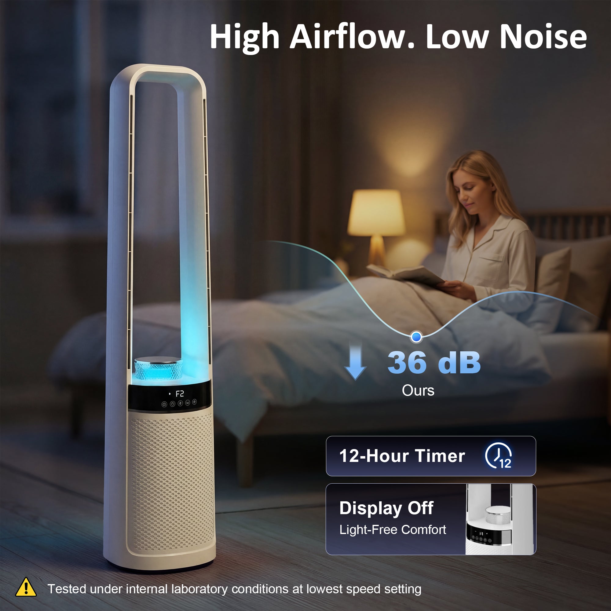 HOMCOM Bladeless Tower Fan, 36dB Standing Cooling Fan with 45° Oscillating, LED Lights, 3 Speeds, 12H Timer, Remote Control