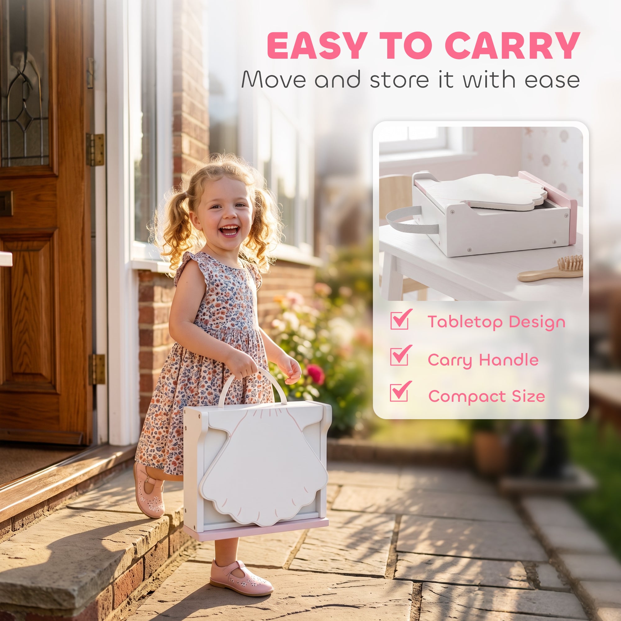 AIYAPLAY Kids Dressing Table, Portable Vanity Table with Lights, Mirror, Drawer, Accessories, Gift for 3-6 Years