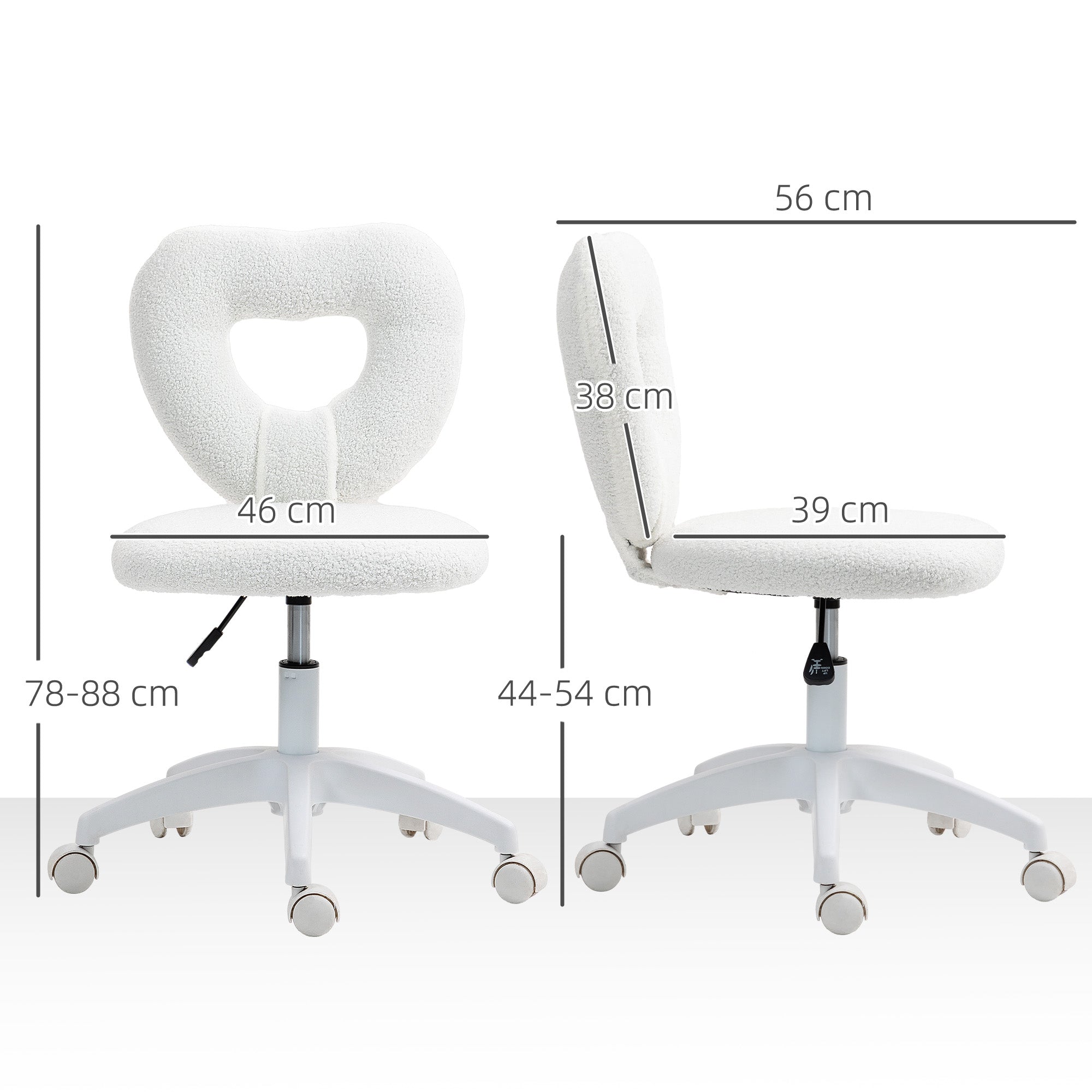 HOMCOM Armless Heart Computer Desk Chair, Teddy Fleece Swivel Office Chair, Makeup Vanity Chair with Height Adjustable, Wheels, for Home Study Bedroom, White - North Peak Garden Furniture