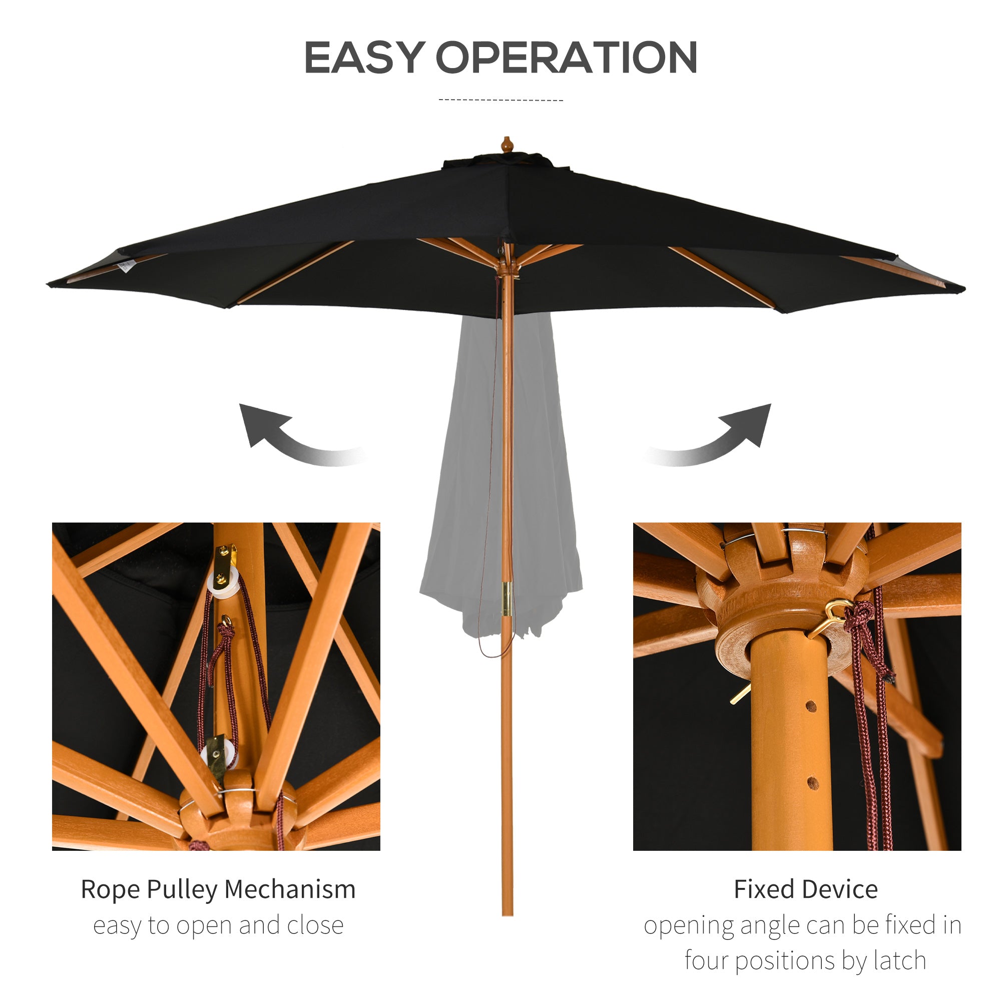 Outsunny 3(m) Garden Parasol, Pulley Operated Patio Umbrella, Wooden Table Market Umbrella with Rope Pulley Mechanism and 8 Ribs, Black - North Peak Garden Furniture