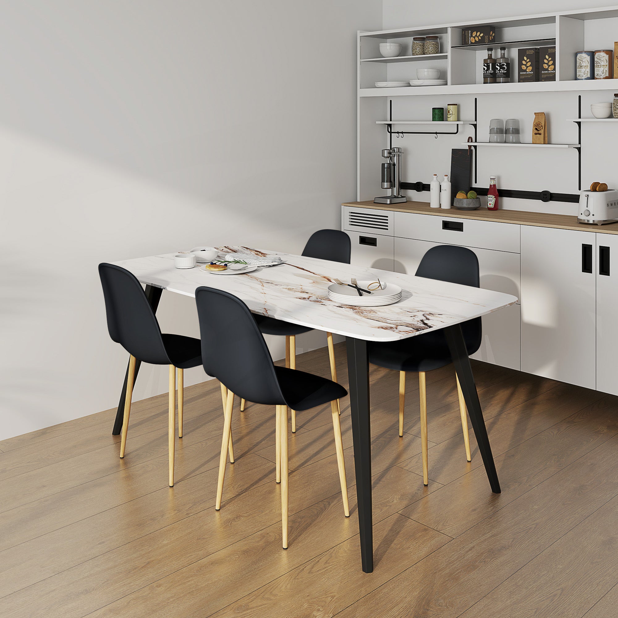 HOMCOM Modern Dining Chairs Set of 4, Kitchen Chairs with Backrest and Steel Legs for Dining Room, Living Room, Black - North Peak Garden Furniture