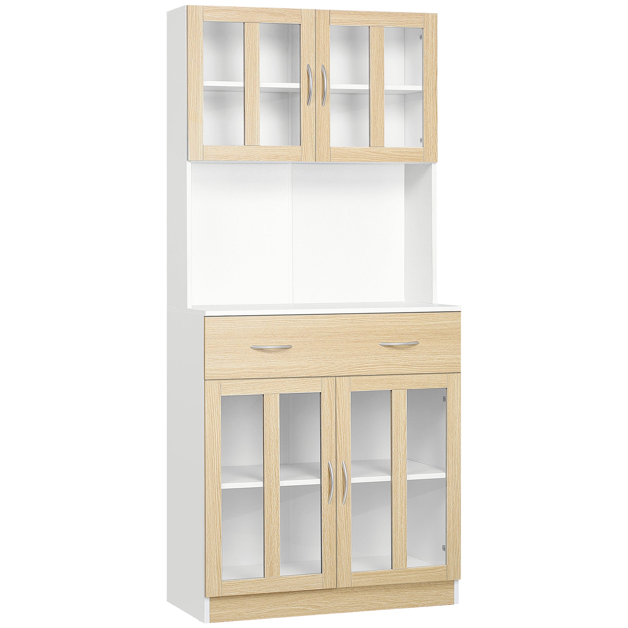HOMCOM Modern Kitchen Cupboard, Freestanding Storage Cabinet Hutch with Central Drawer, 2 Glass Door Cabinets and Countertop, 180cm - North Peak Garden Furniture