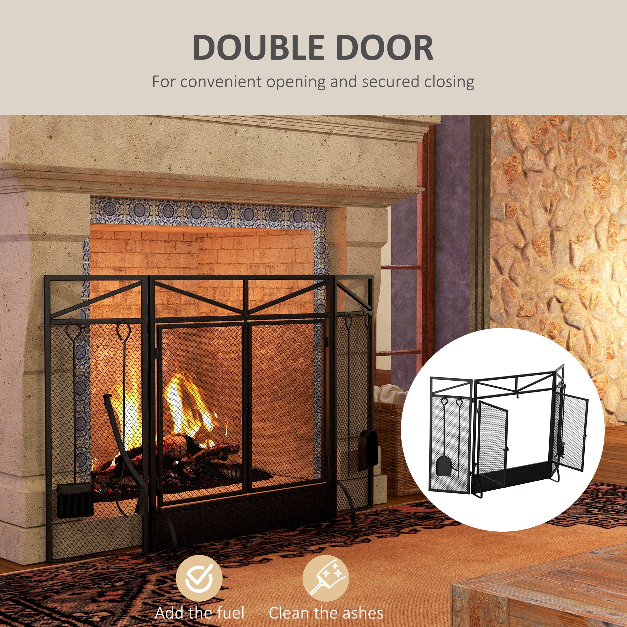 HOMCOM 3 Panel Folding Fire Guard Screen with Fireplace Tool Sets and Front Doors, Freestanding Fire Screen Spark Guard with Feet for Open Fire, Log Burner, Fireplace, 122 x77 cm, Black - North Peak Garden Furniture