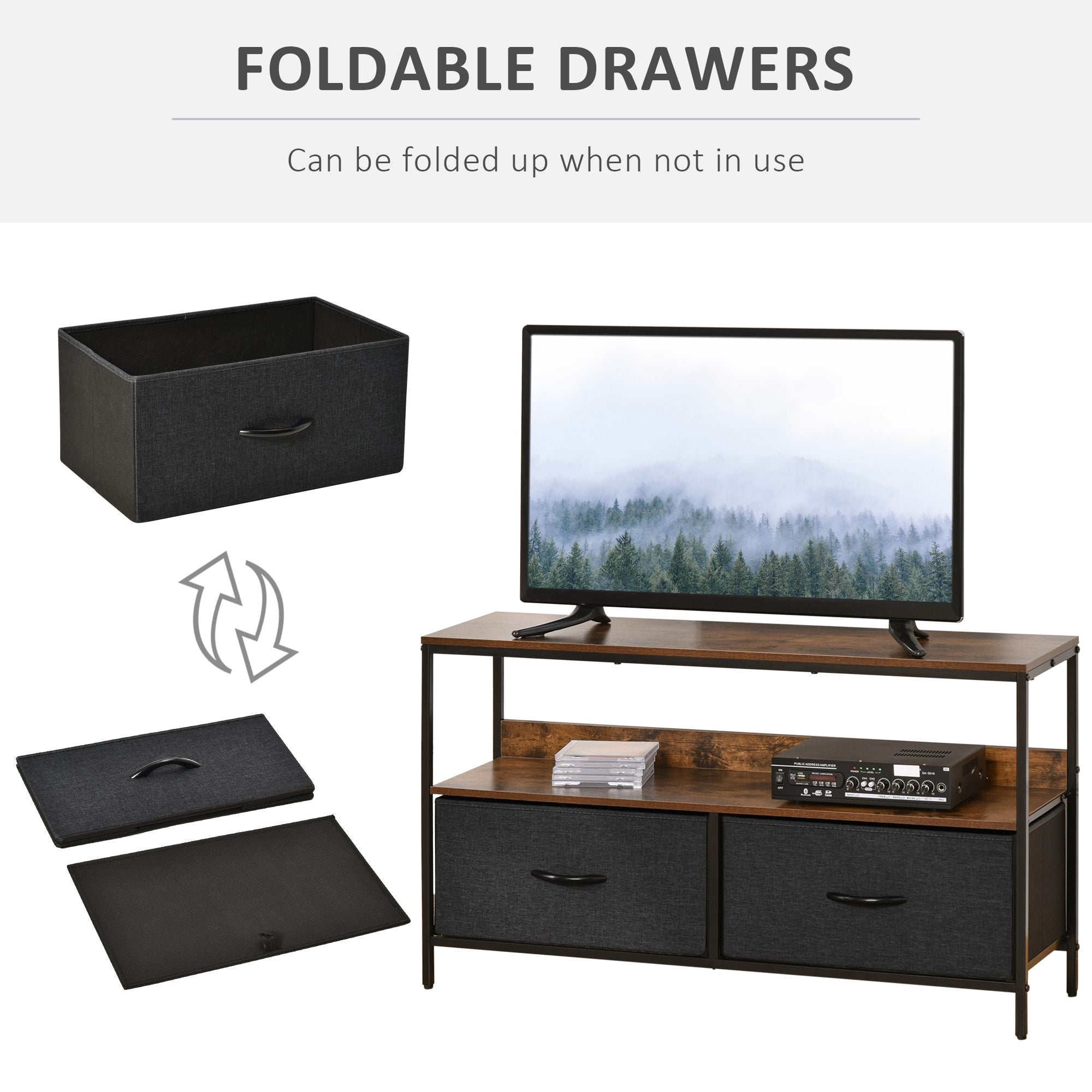 HOMCOM TV Cabinet for 47-inch TVs, TV Console Unit with 2 Foldable Linen Drawers, TV Stand with Shelving for Living Room, Entertainment Room, Rustic Brown - North Peak Garden Furniture