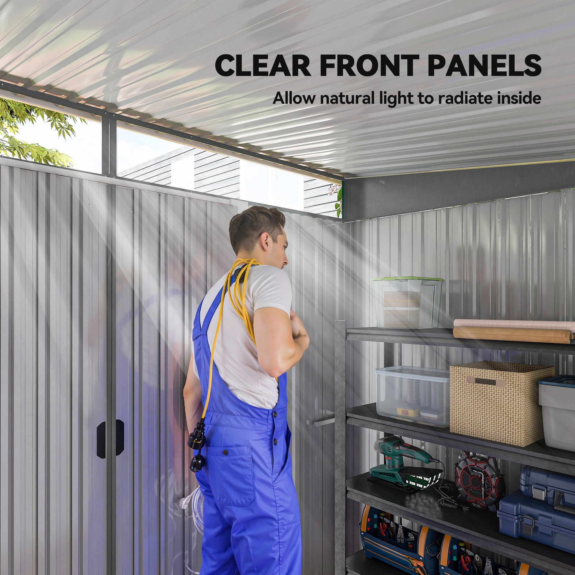 Outsunny 9ft x 6.5ft Garden Storage Shed with Top Window, Metal Outdoor Shed Tool House with Double Doors, Light Grey