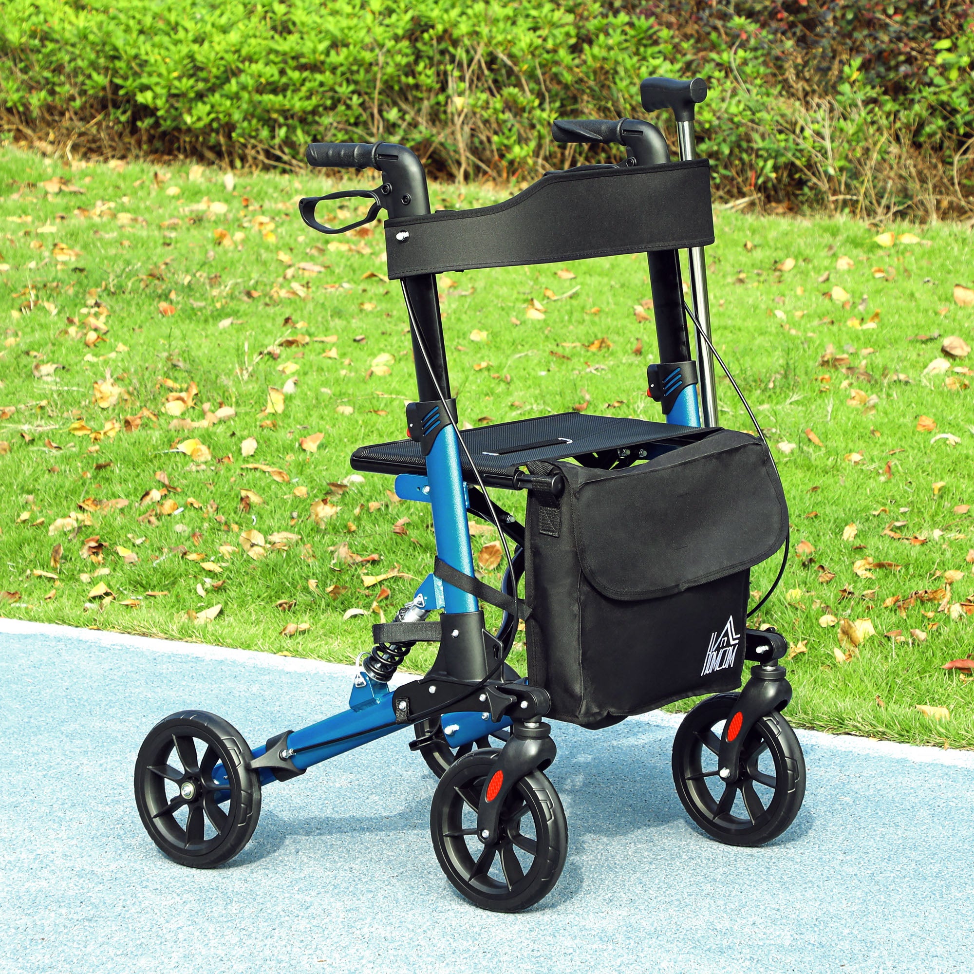 HOMCOM Folding Rollator Walker with Seat, Backrest, Lightweight Walking Frame with Storage Bag, Dual Brakes, Adjustable Handle Height, Suspension System, 4 Wheeled Walker for Seniors, Blue - North Peak Garden Furniture