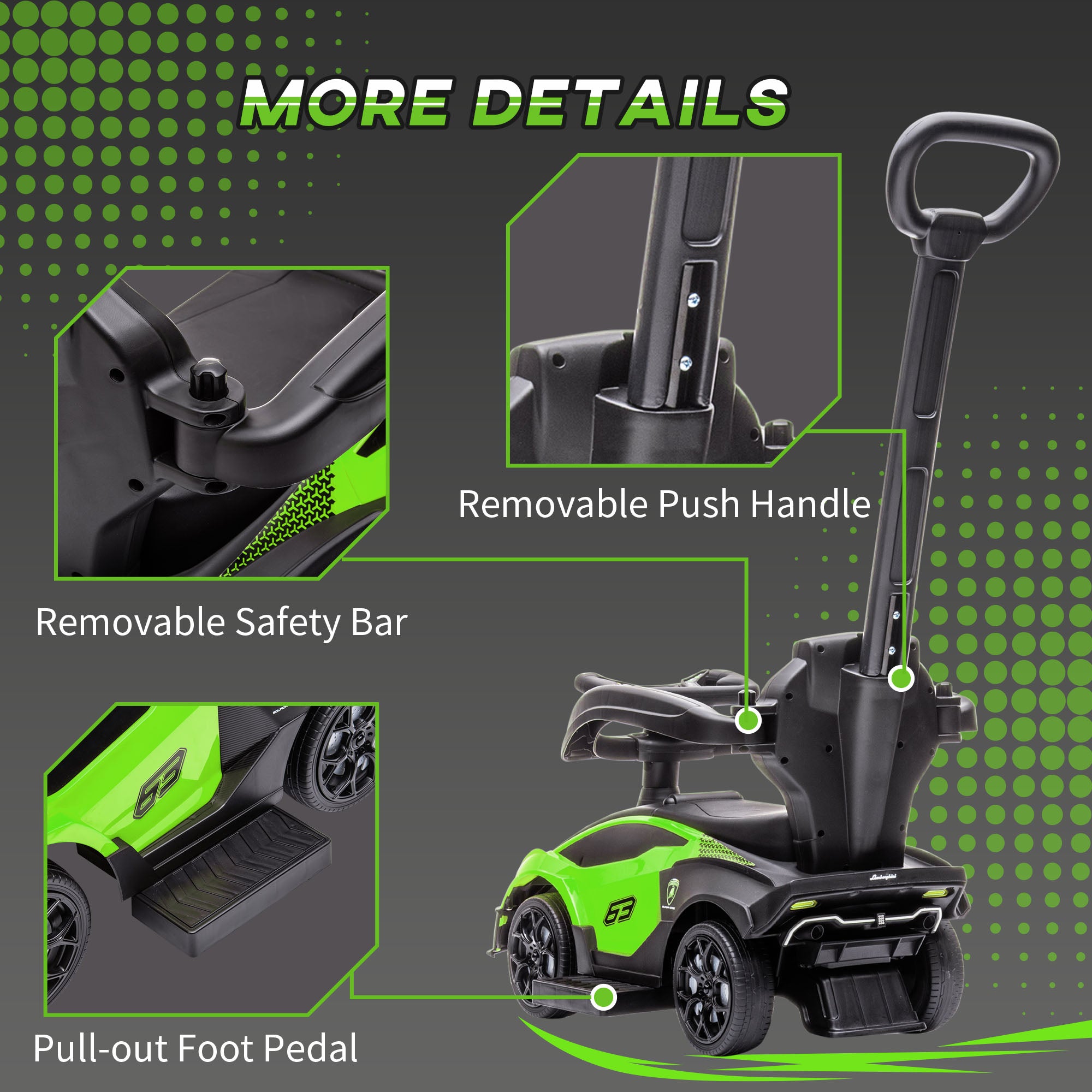 AIYAPLAY Kids 2-In-1 Lamborghini Ride-On and Stroller, with Horn - Green - North Peak Garden Furniture