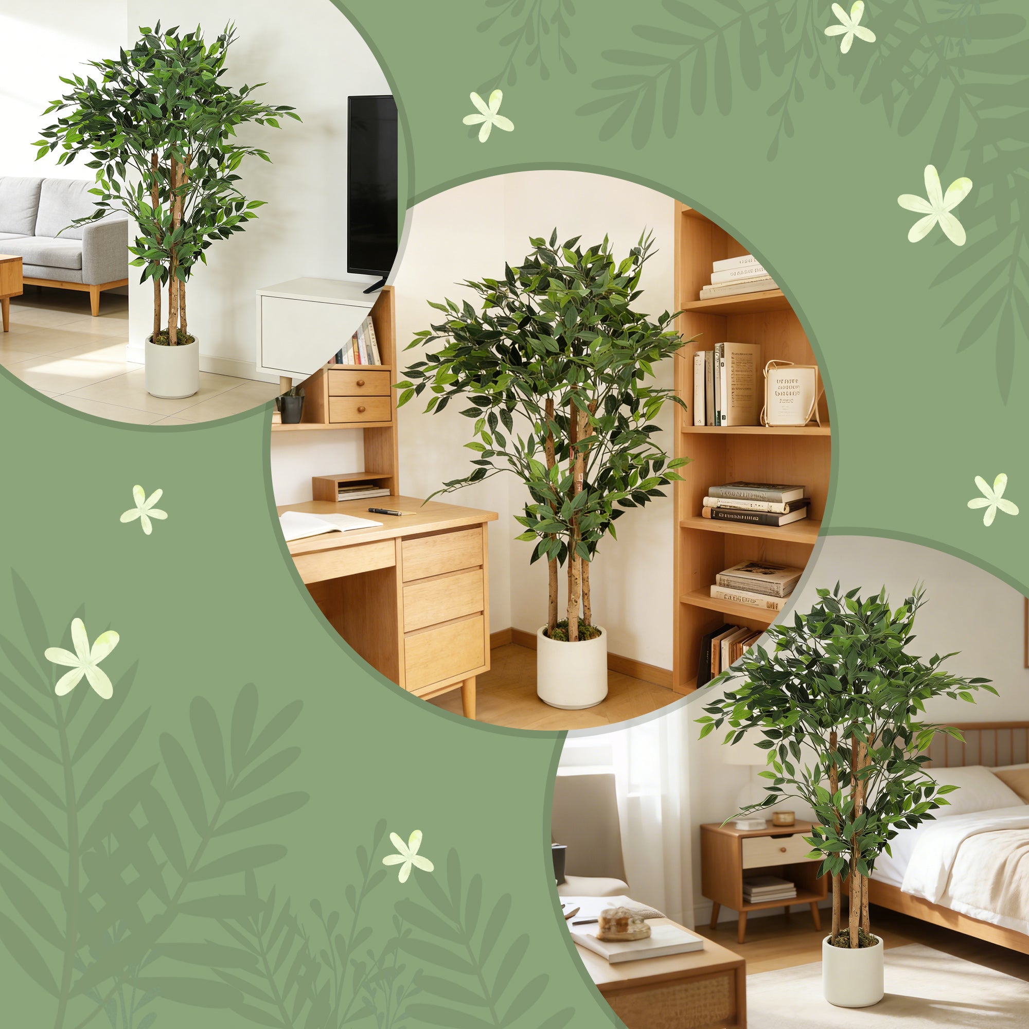 HOMCOM 120cm Artificial Ficus Tree, Fake Potted Tree with Solid Wood Trunk and Pot for Indoor, Green