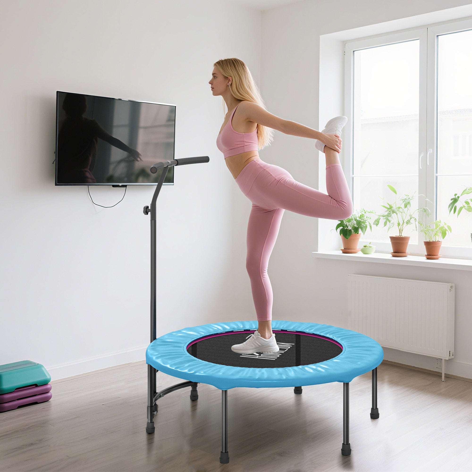 HOMCOM 40'' Fitness Trampoline with Adjustable Handle, Rebounder Trampoline Mini Jumper for Indoor Exercise Workout, Support Up to 100kg, Blue