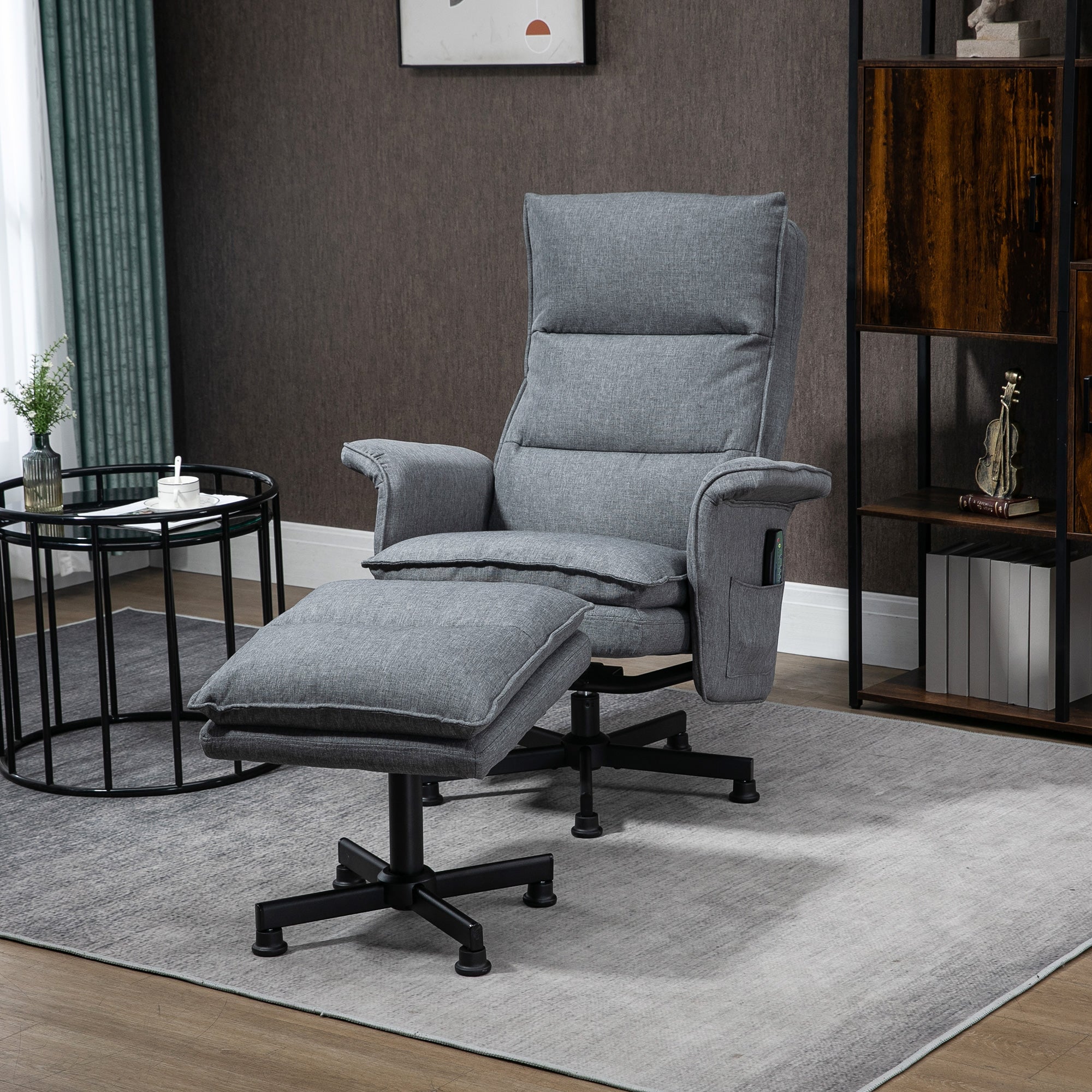 HOMCOM Swivel Recliner Chair and Footstool, Upholstered Massage Recliner Armchair with Remote Control, Timer and Steel Base, Grey - North Peak Garden Furniture