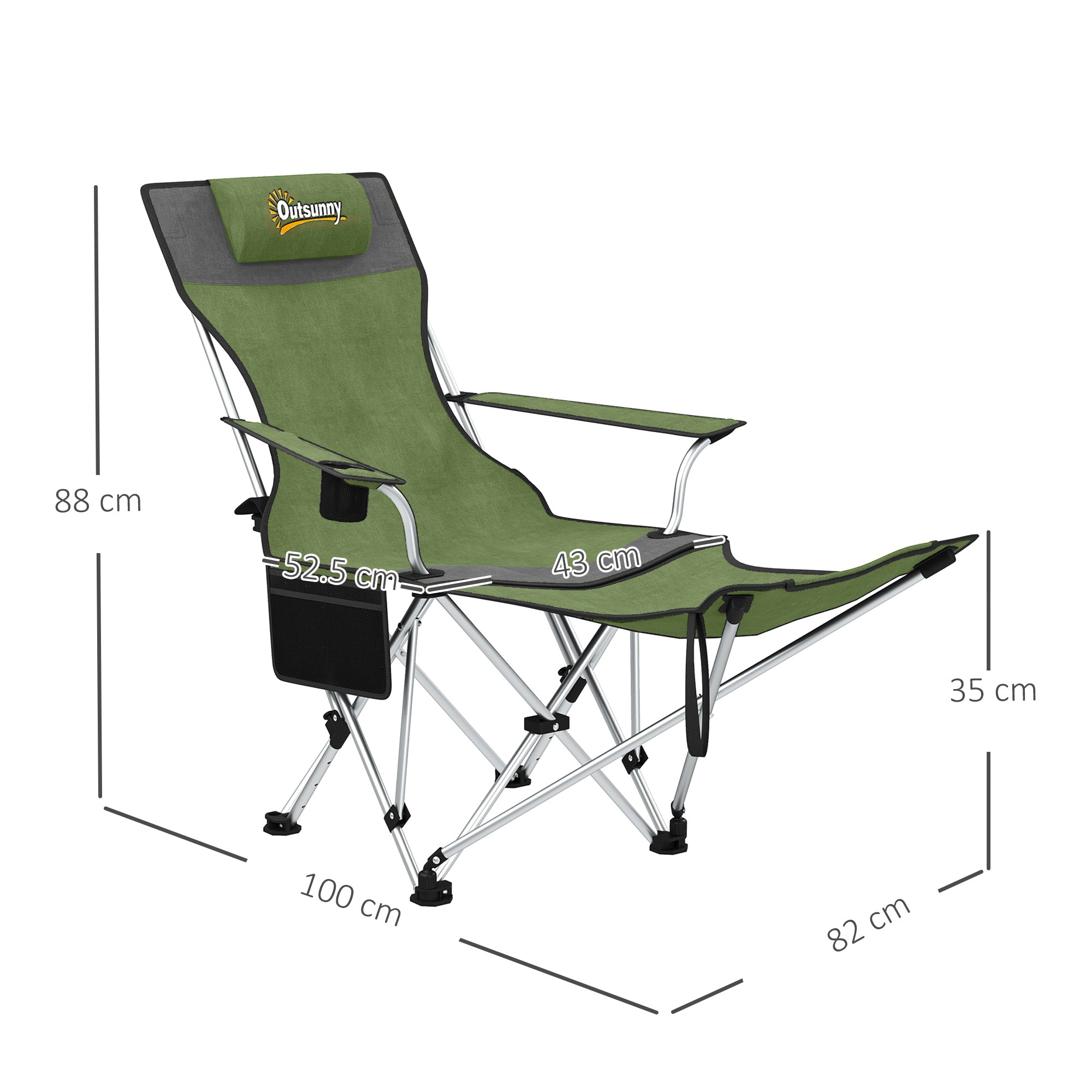 Outsunny Set of 2 Reclining Folding Camping Chair w/ Detachable Footrest, Storage Bag, Cup Holder & Headrest, Lightweight Portable Camp Chair for Beach, Picnic, Olive Green and Grey - North Peak Garden Furniture