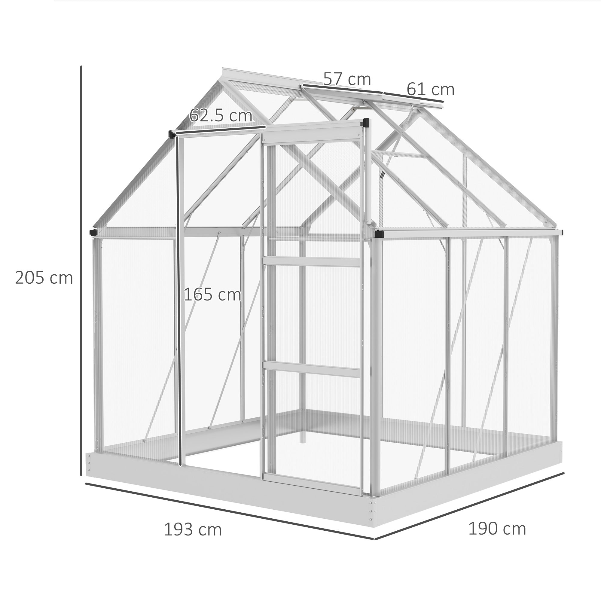 Outsunny 6 x 6ft Walk-In Greenhouse, Polycarbonate Greenhouse with Sliding Door, Window, Aluminium Frame, Foundation, Silver - North Peak Garden Furniture