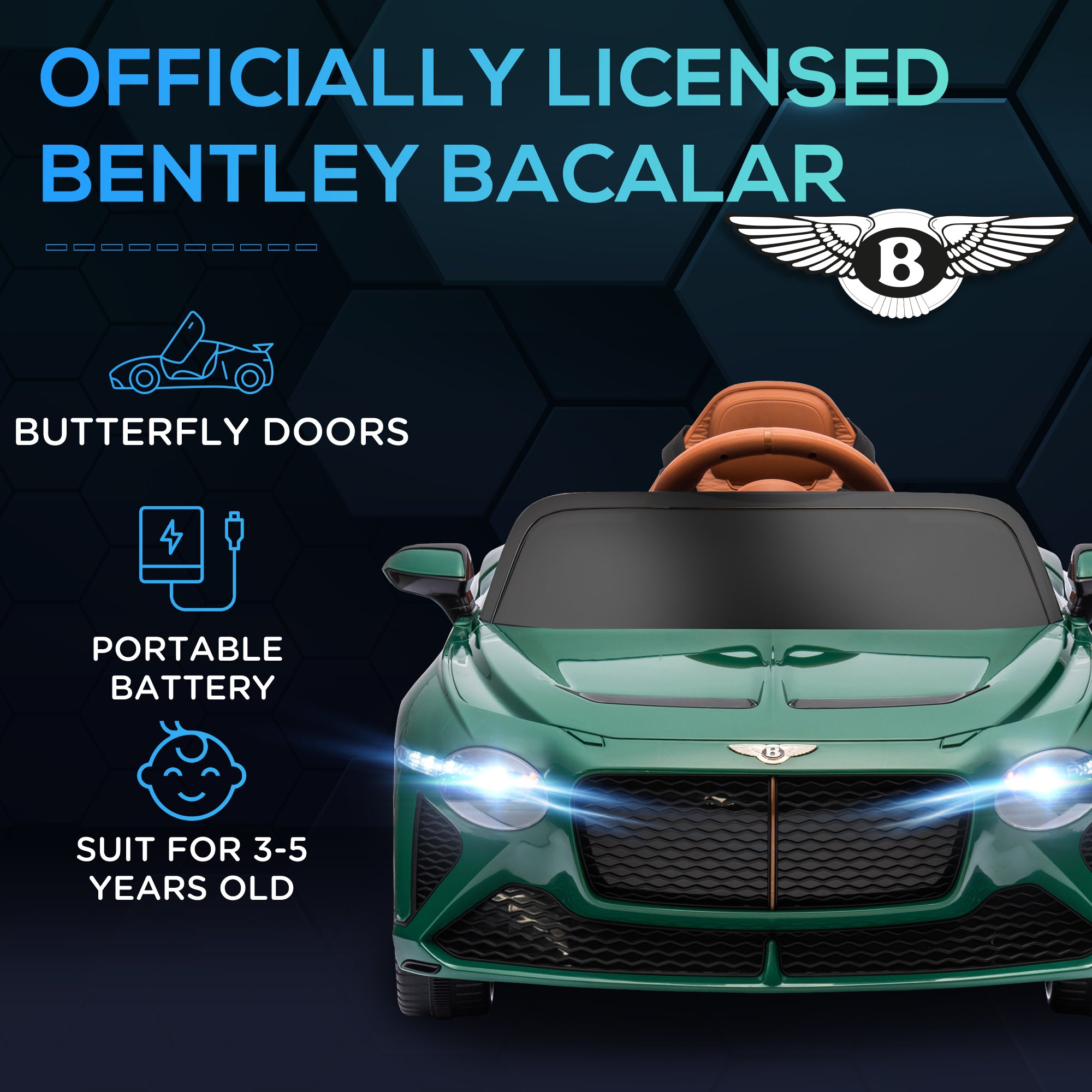 HOMCOM Bentley Bacalar Licensed 12V Kids Electric Car, with Remote Control, Horn, Lights, Music, Suspension Wheels, Green - North Peak Garden Furniture