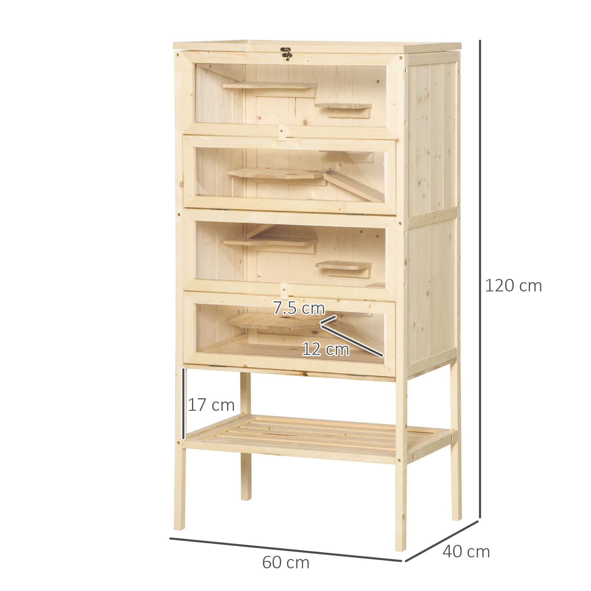 PawHut Hamster Cage Wooden Mouse Rodent Small Pet Animals 4 Layers Tall Bottom Storage Shelf Easy Clean
