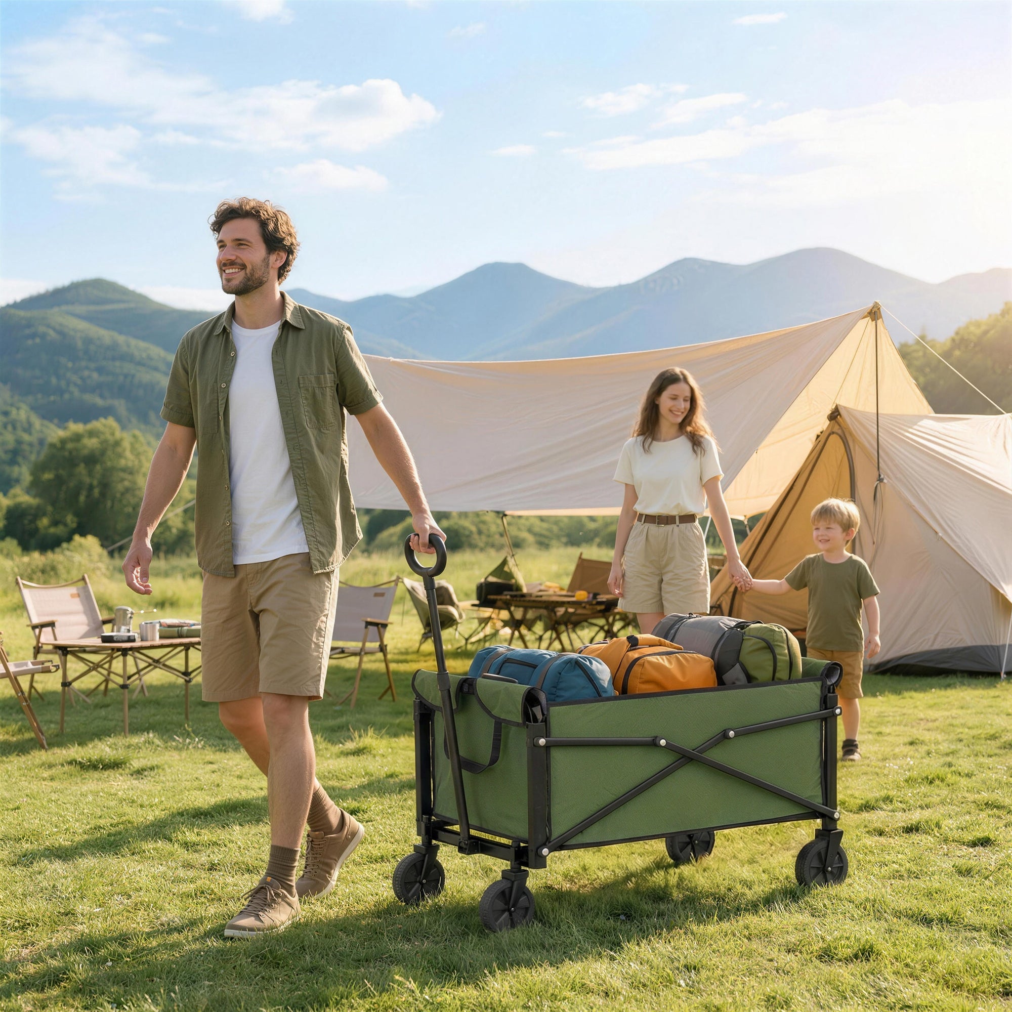 Outsunny 81L Festival Trolley on Wheels, Compact Garden Folding Trolley Cart with Adjustable Handle 80L Green