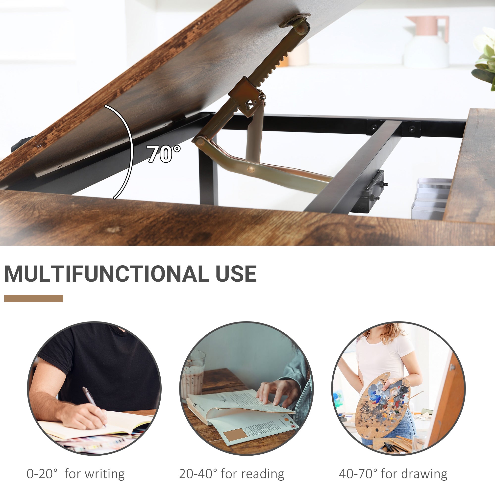 HOMCOM Adjustable Drafting Table Art Desk Drawing Table, Craft Desk Workstation for Painting, Multifunctional Writing Desk w/ 15-Level Tiltable Tabletop and Storage Shelf, Home Office, Rustic Brown - North Peak Garden Furniture