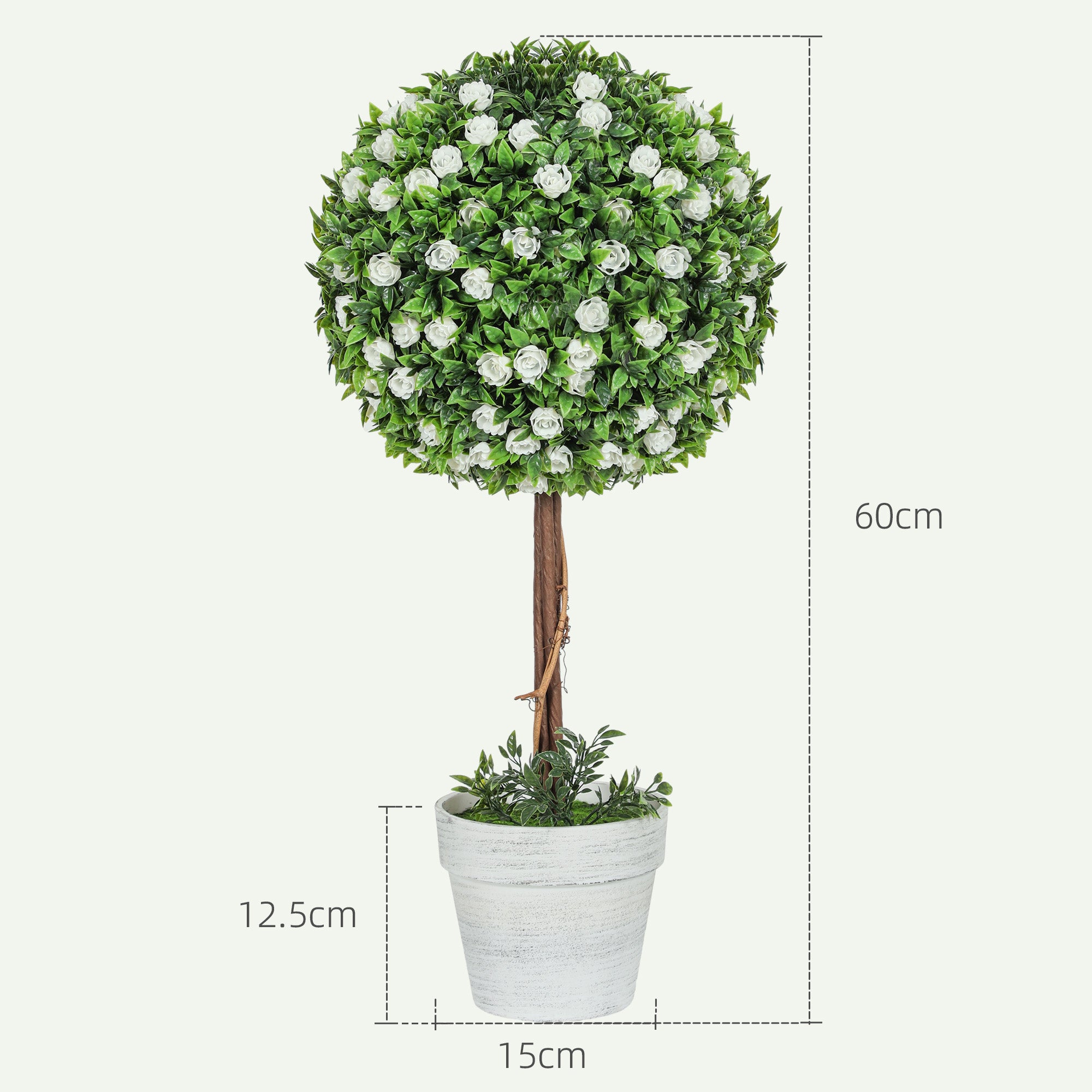 HOMCOM Set of 2 Decorative Artificial Plants, Ball Topiary Tree with Rose Flower in Pot, Fake Plants for Home Indoor Outdoor Decor, 60cm, White - North Peak Garden Furniture