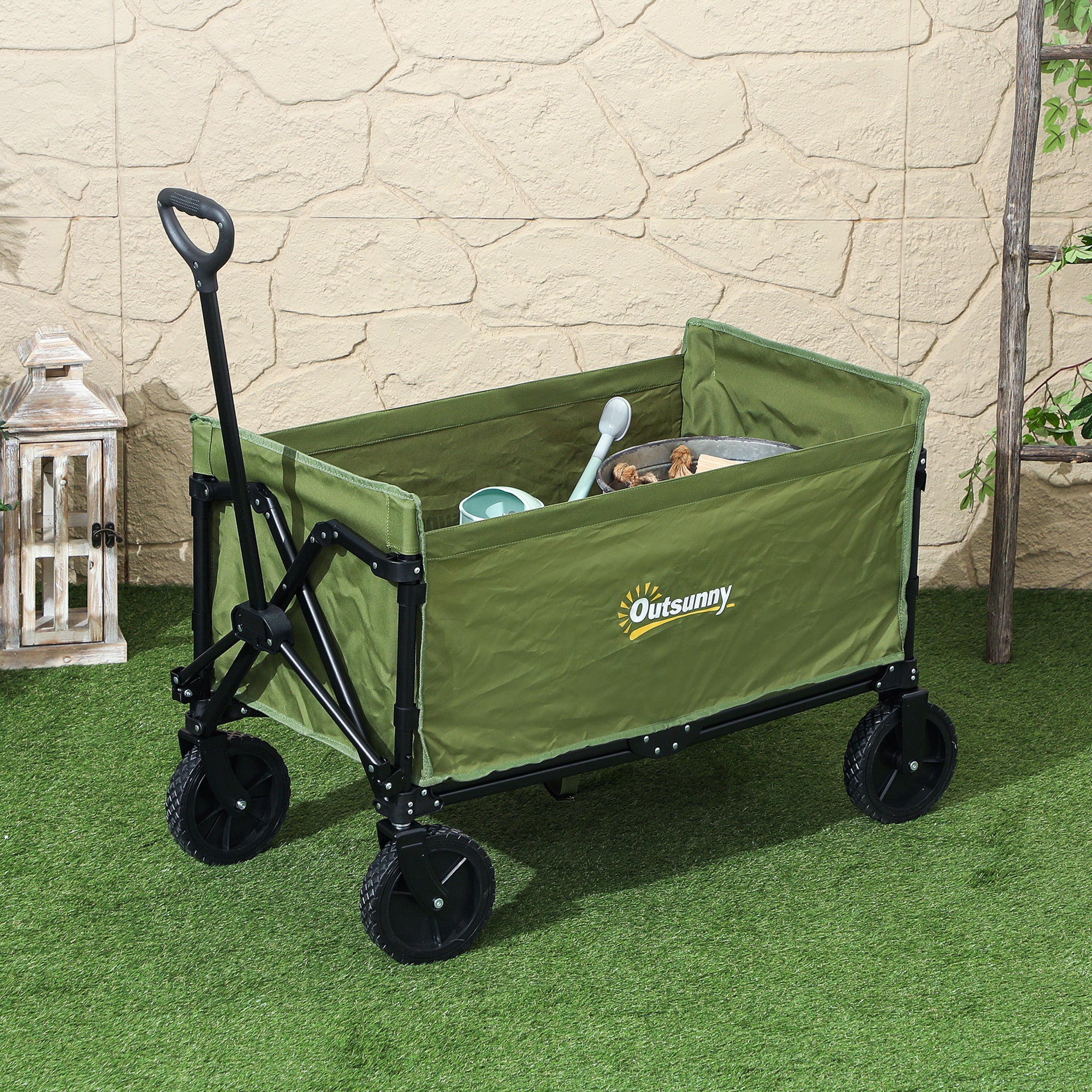 Outsunny 120L Folding Garden Trolley Cart, Outdoor Collapsible Wagon with Wheels and Adjustable Handle for Beach, Camping, Festival, Green - North Peak Garden Furniture