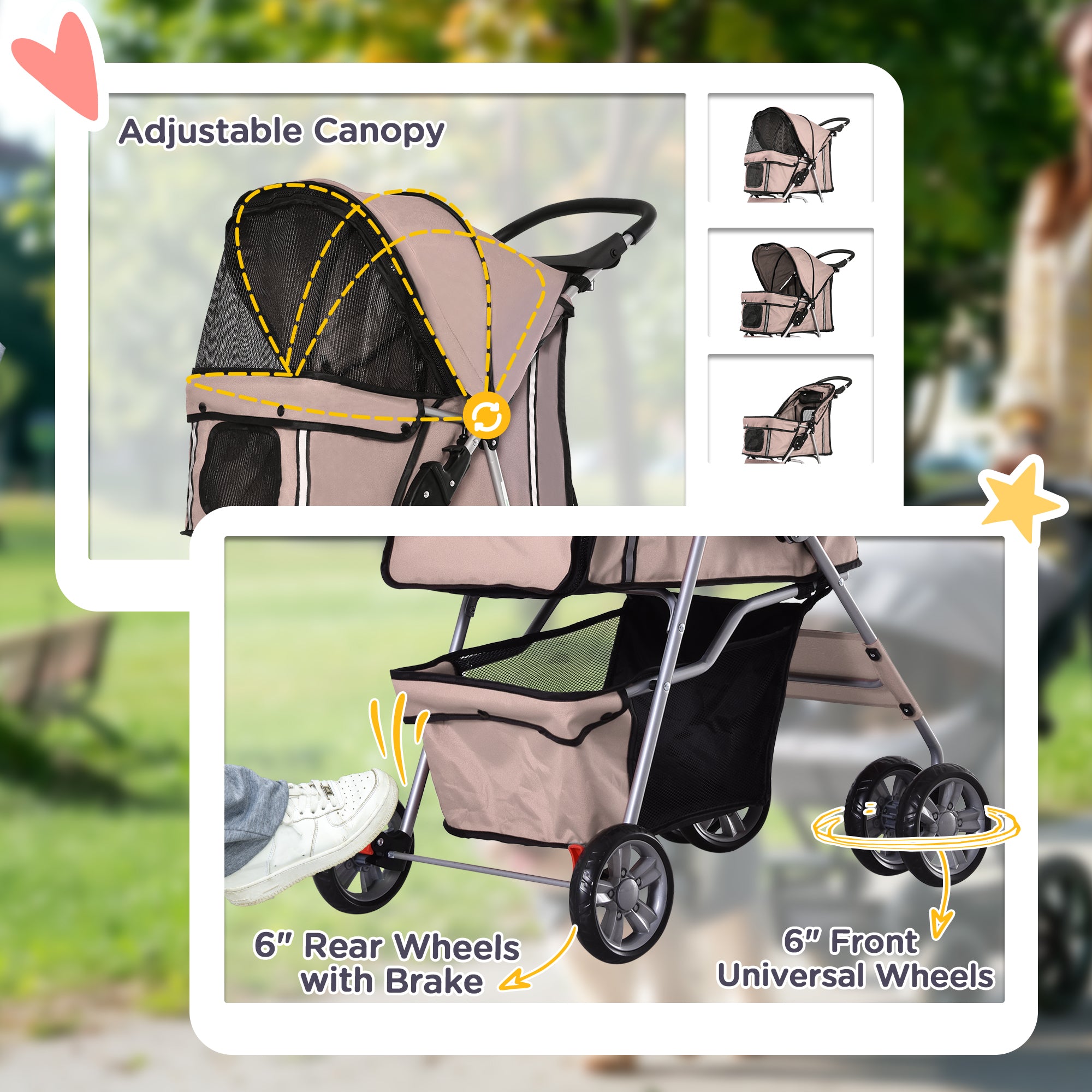 PawHut Pet Stroller Dog Pram Foldable with Wheels, Zipper Entry, Cup Holder, Storage Basket, Brown