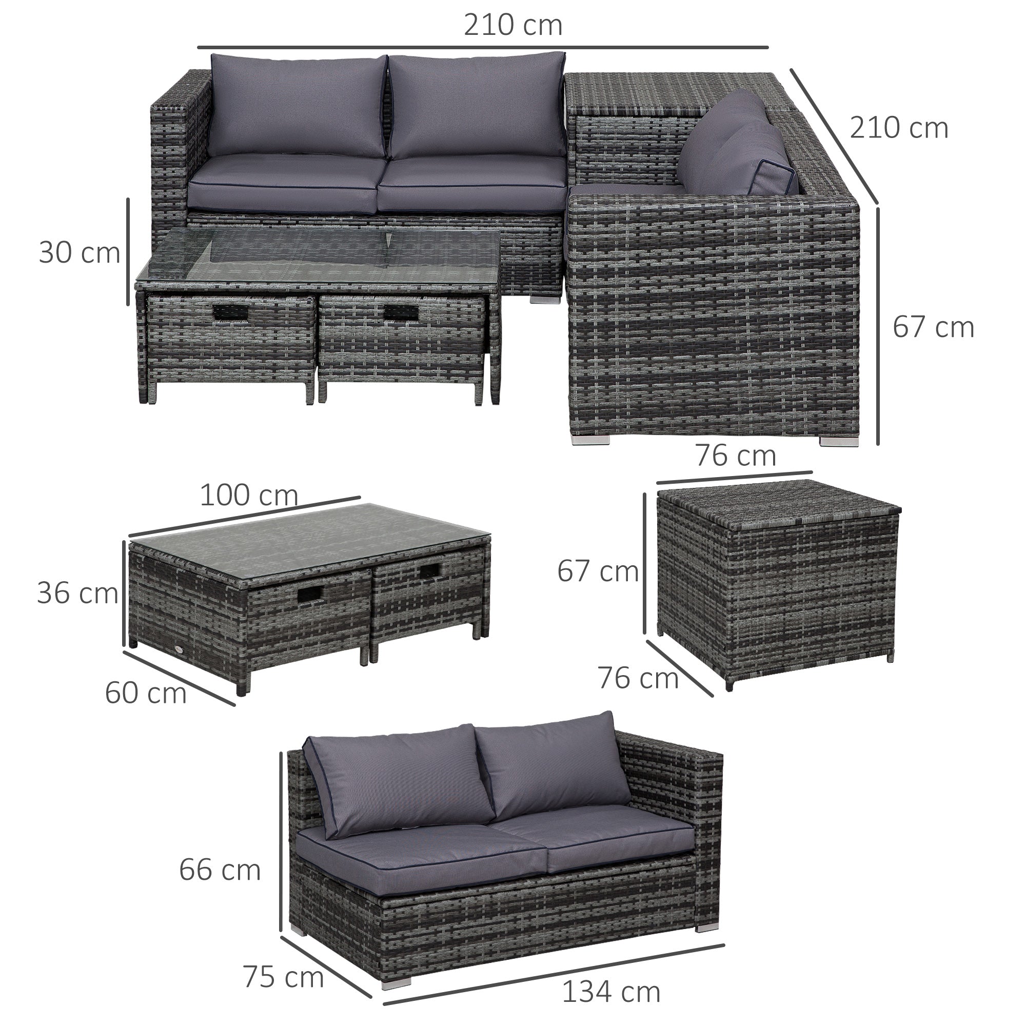Outsunny 4 Pcs Rattan Wicker Garden Furniture Patio Sofa Storage & Table Set w/ 2 Drawers Coffee Table,Great Cushioned 4 Seats Corner Sofa - Grey - North Peak Garden Furniture