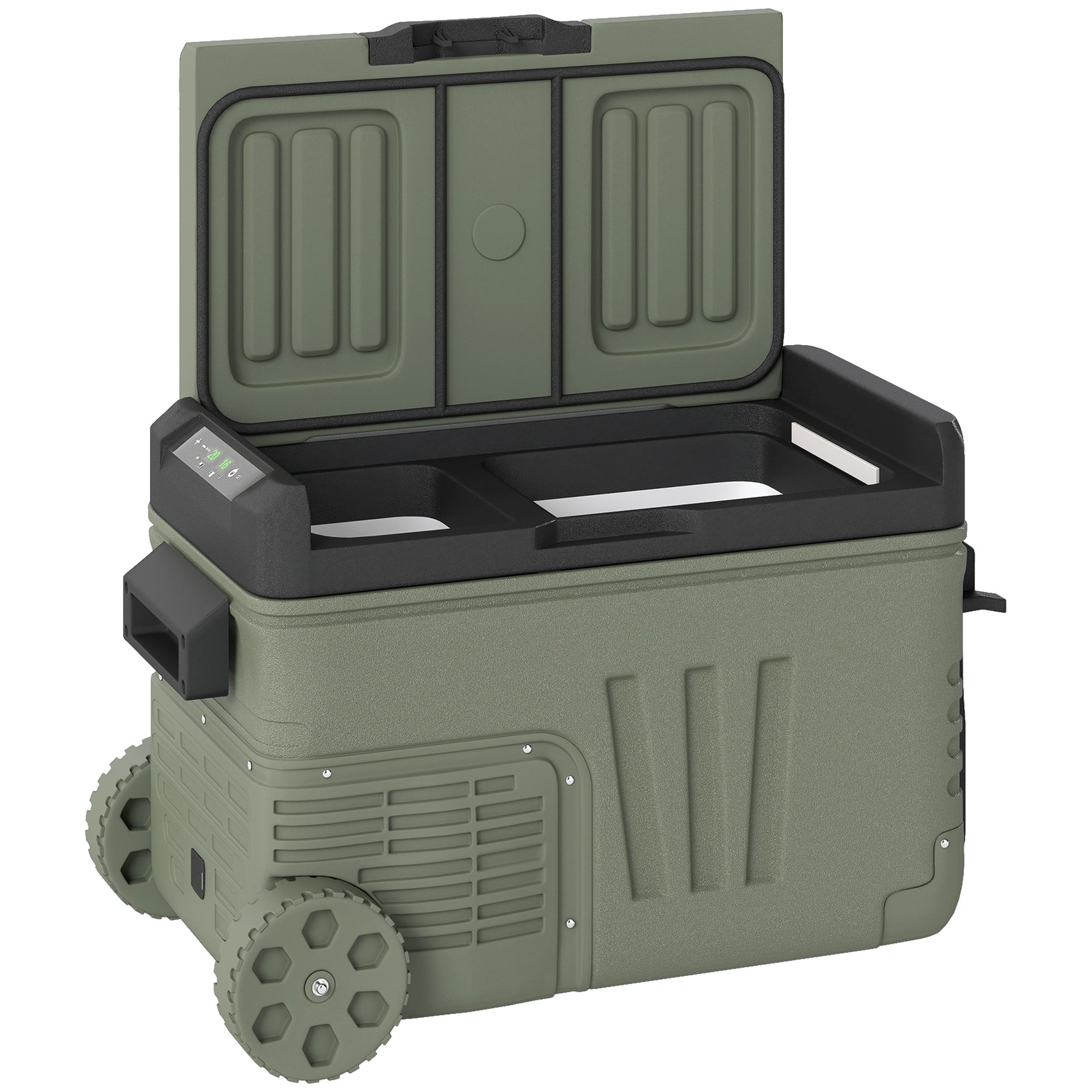 Outsunny 33L Camping Fridge Freezer Dual Zone, Portable Car Fridge 12V/24V DC & 100-240V AC, Electric Cool Box -20℃-20℃ with Wheels and LED Light, for Travel, RV, Road Trip, Picnic [Energy Class E] - North Peak Garden Furniture