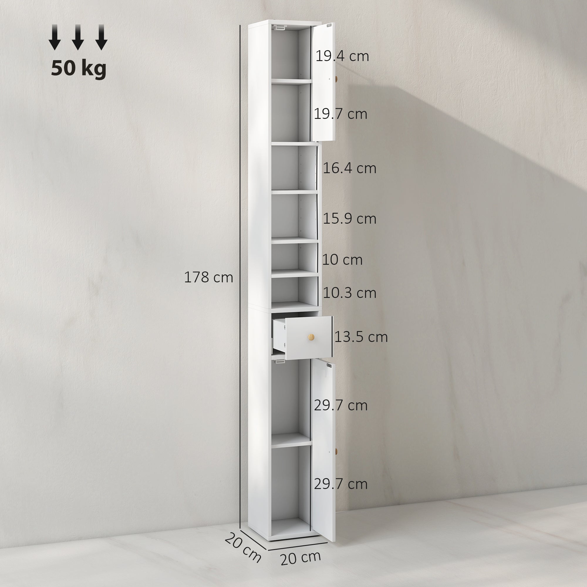 HOMCOM 178 cm Narrow Tall Bathroom Cabinet - White