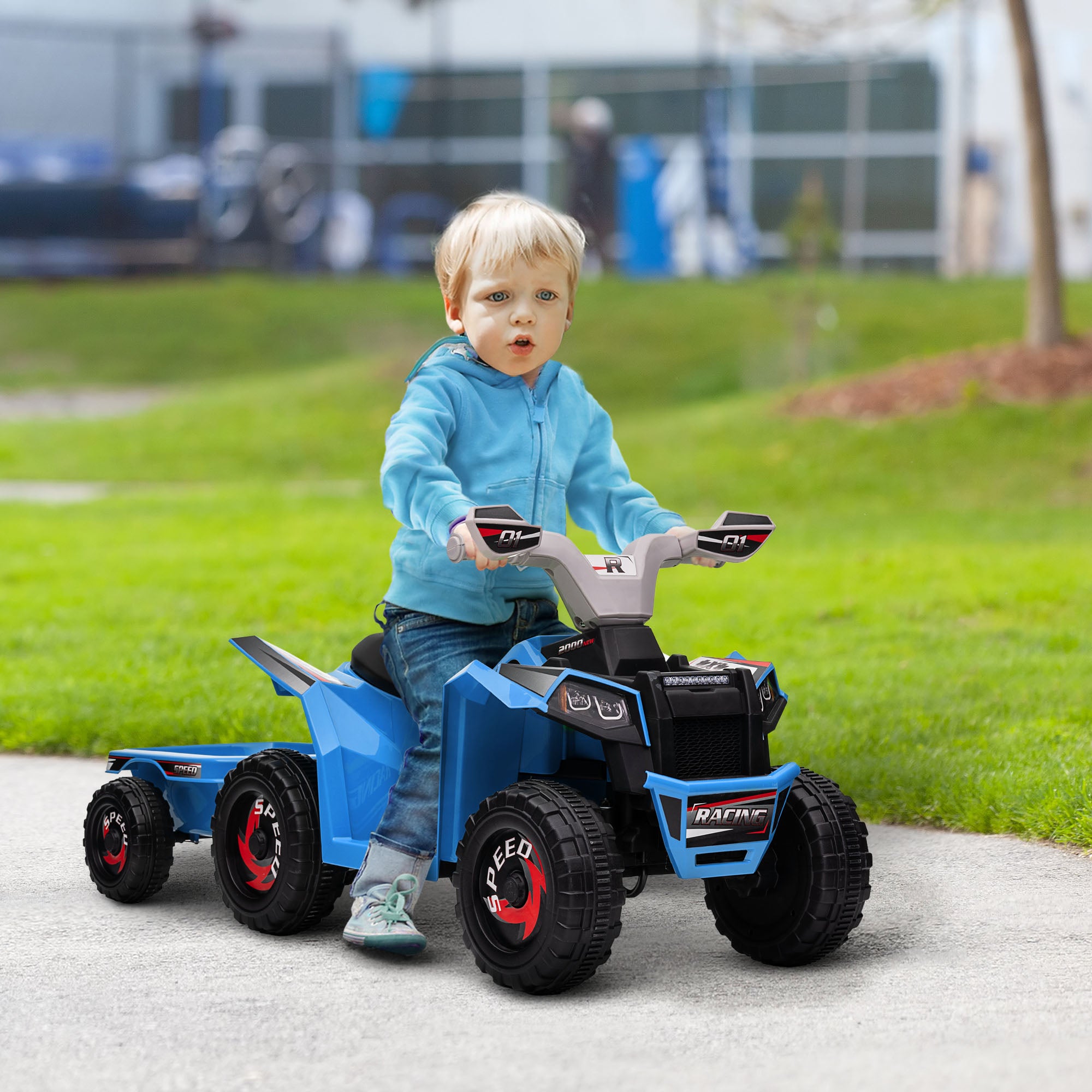 HOMCOM 6V Quad Bike with Back Trailer, Wear-Resistant Wheels, for Ages 18-36 Months, Blue - North Peak Garden Furniture