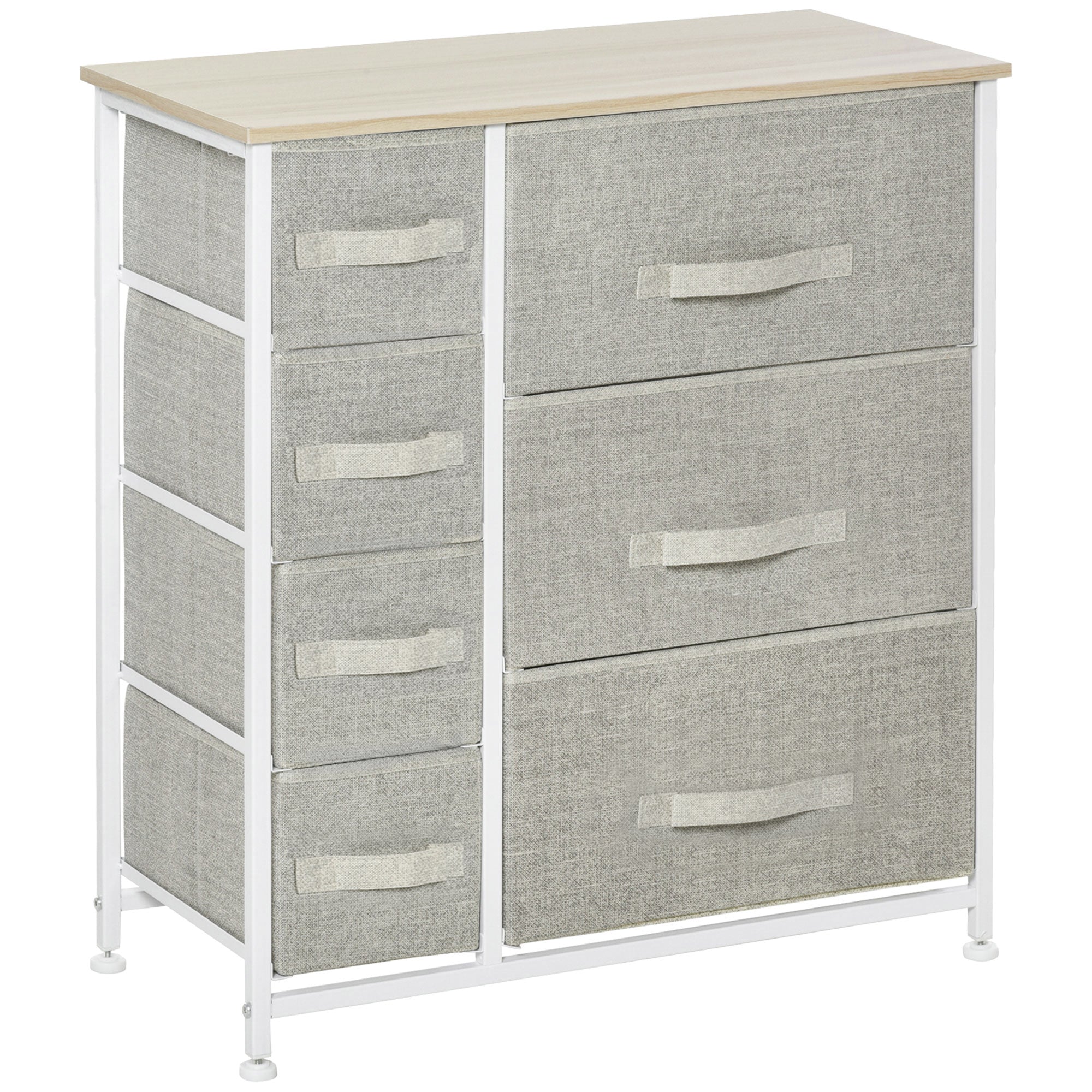 HOMCOM Vertical 7 Linen Drawers Cabinet Organizer Storage Dresser Tower with Metal Frame Adjustable Feet for Living Room, Bathroom, Kitchen, White, Oak and Light Grey - North Peak Garden Furniture
