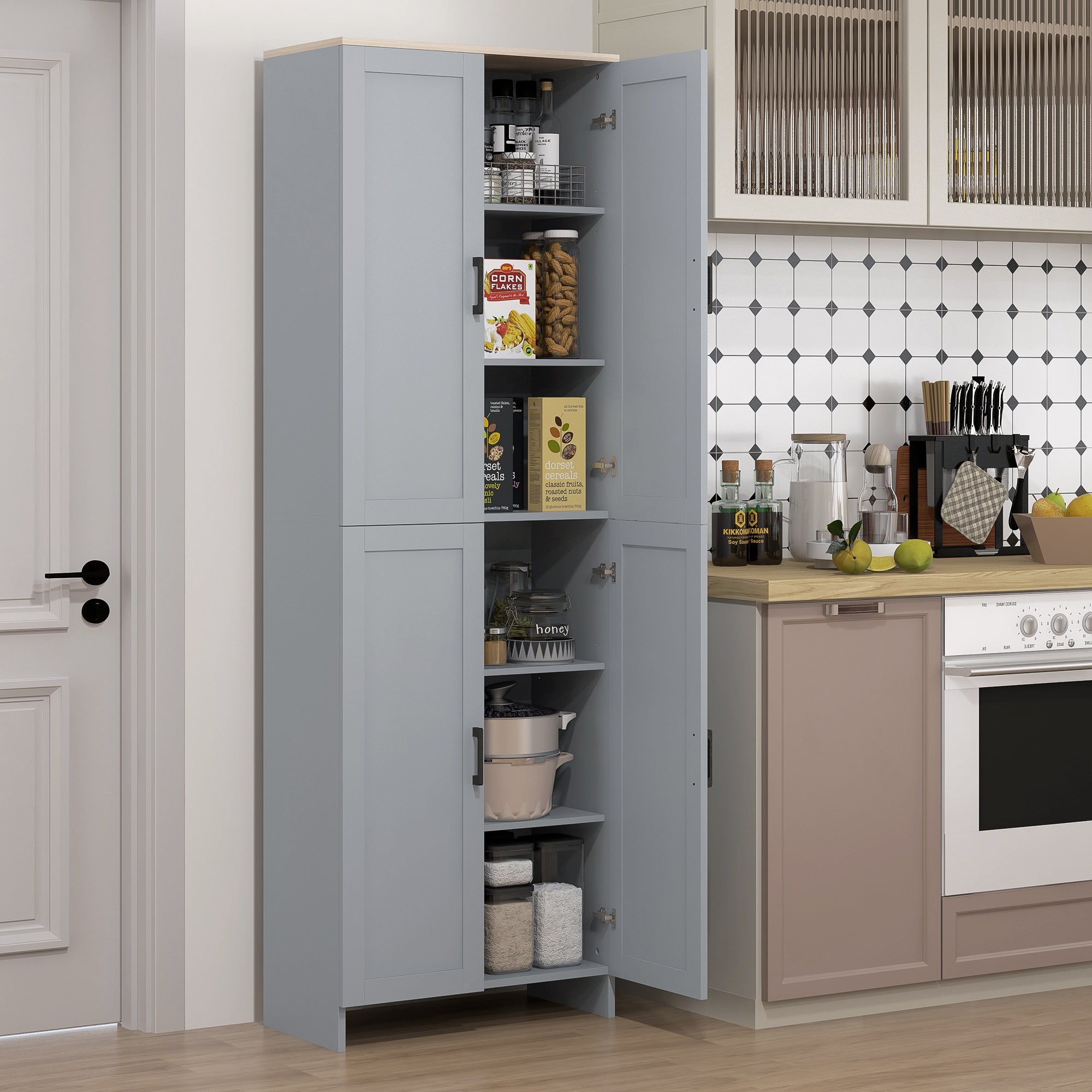 HOMCOM Freestanding Kitchen Cupboard, 4-Door Storage Cabinet Organizer with Adjustable Shelves Grey - North Peak Garden Furniture