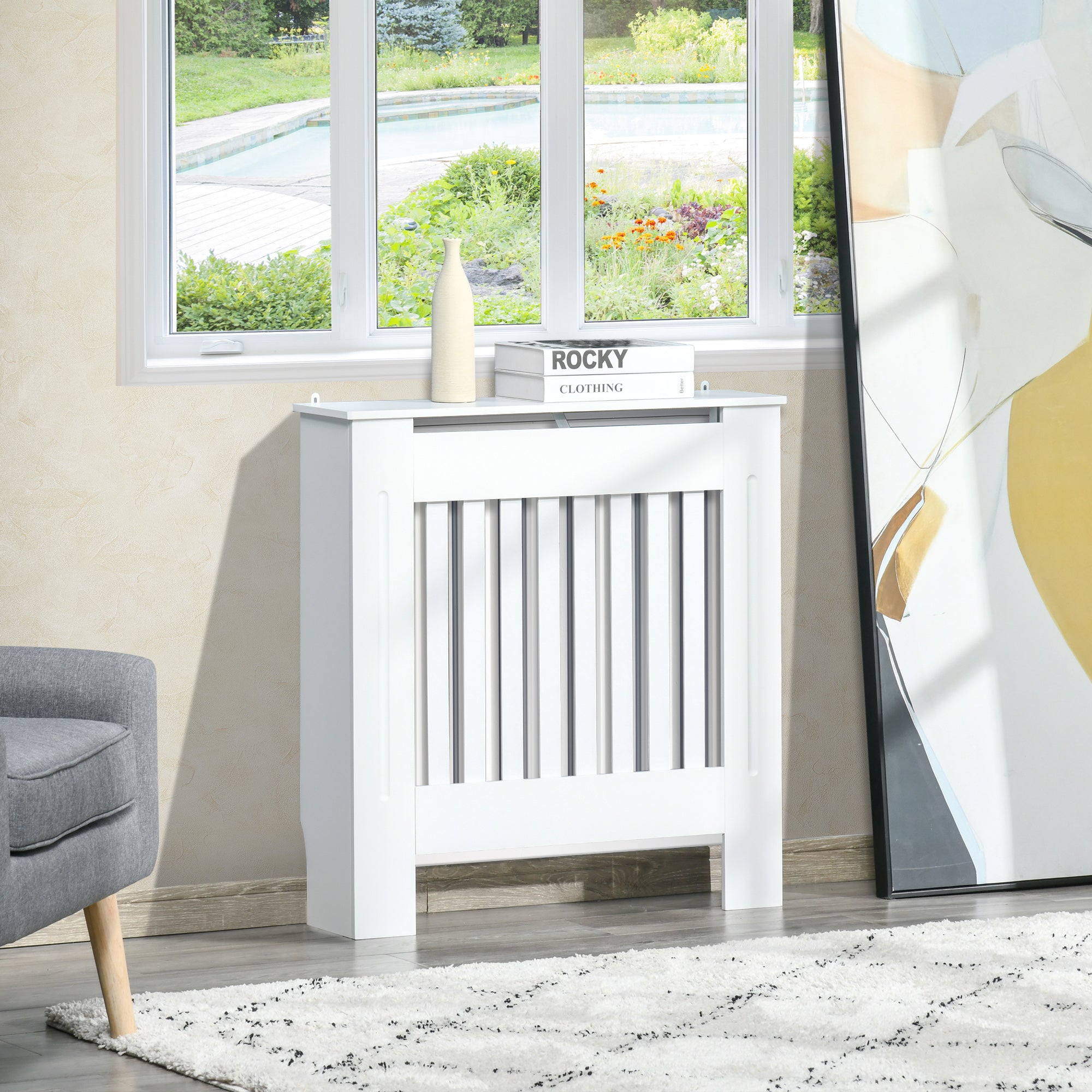 HOMCOM MDF Radiator Cover Wooden Cabinet Shelving Home Office Vertical Slatted Vent White 78L x 19W x 81H - North Peak Garden Furniture