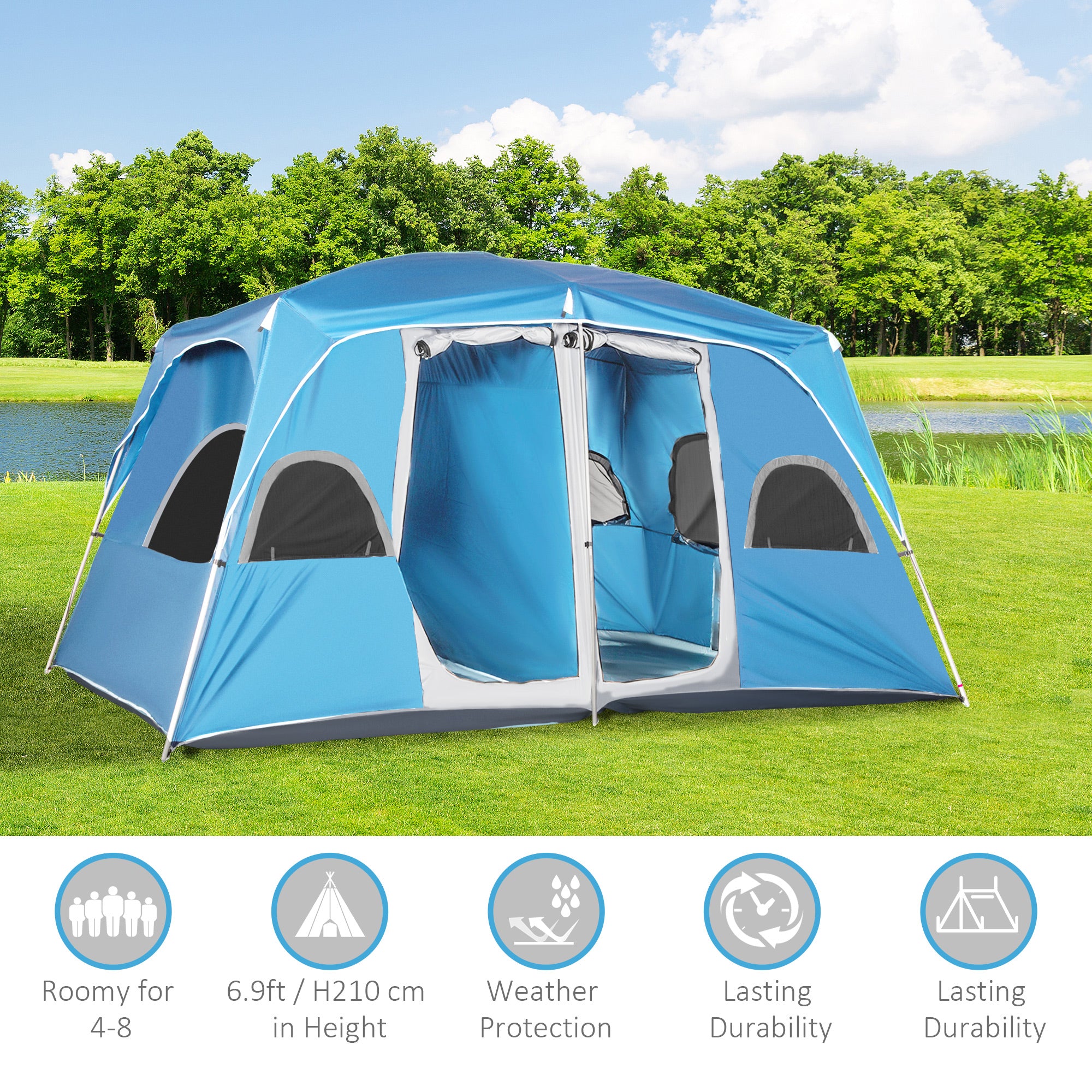 Outsunny 4-8 Person Camping Tent Family Tent with 2 Room, Mesh Windows, Easy Set Up for Backpacking, Hiking, Outdoor, Blue - North Peak Garden Furniture