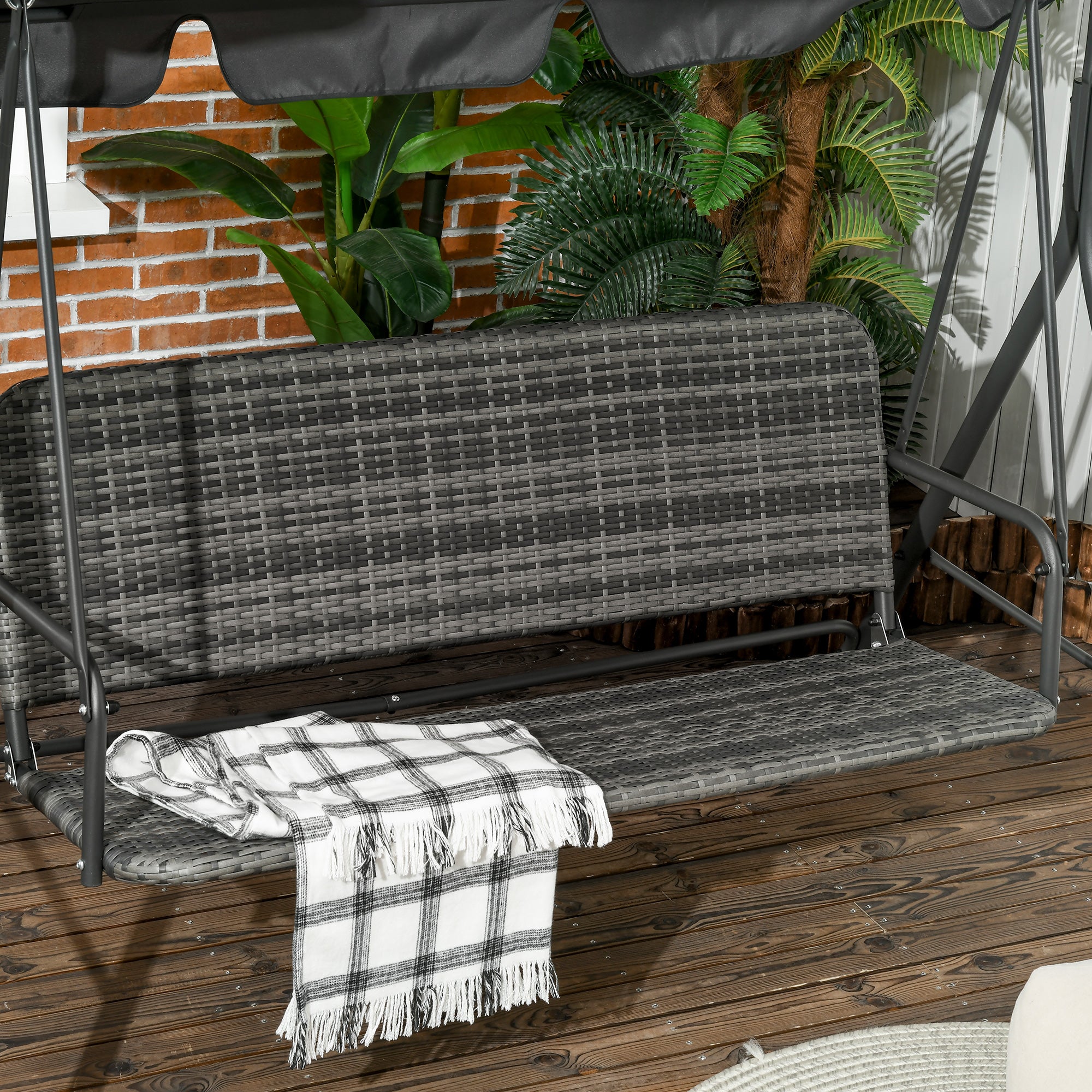 Outsunny 3-Seater Outdoor PE Rattan Swing Chair, Patio Wicker Hanging Swing Bench with Steel Frame Stand & Adjustable Canopy, Grey