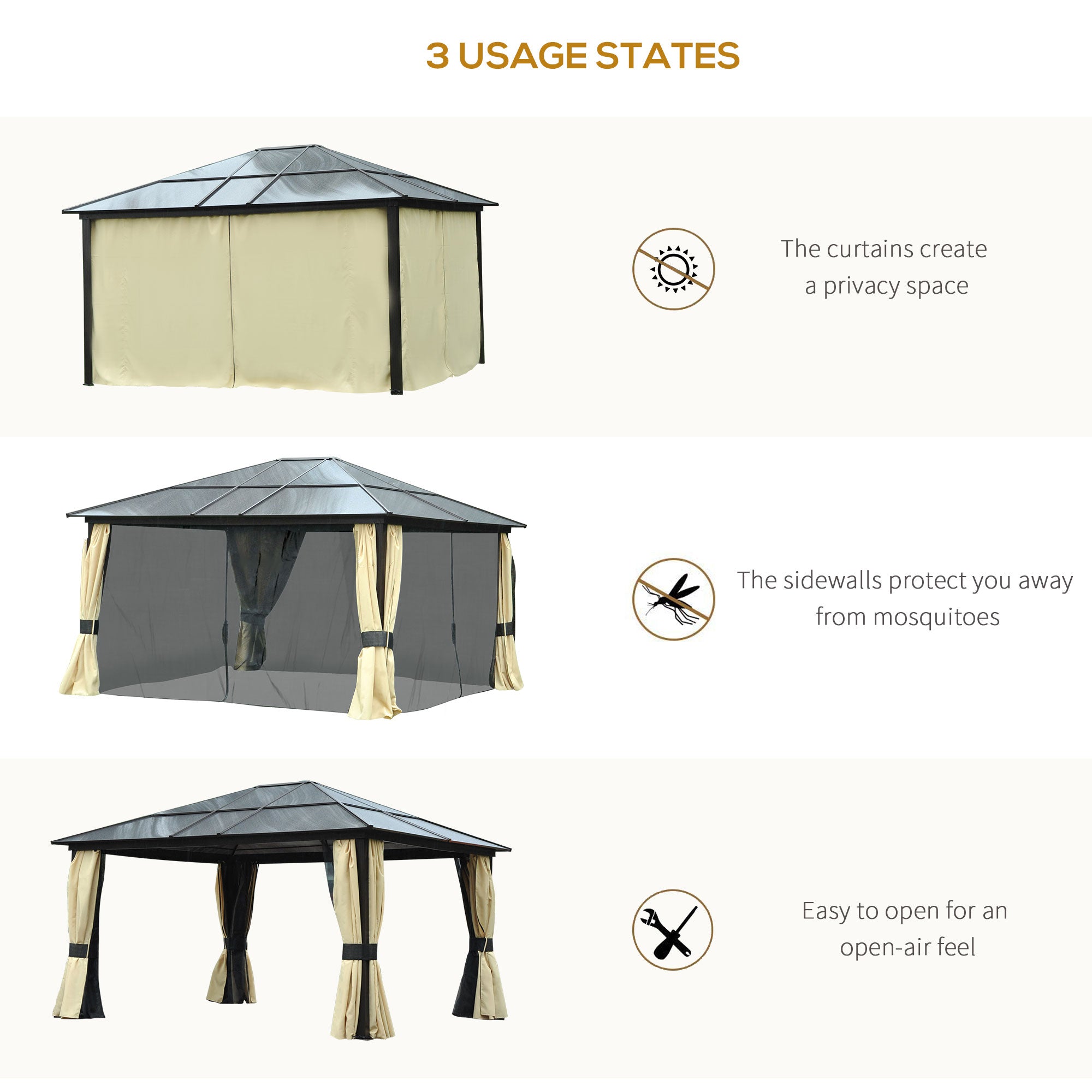 Outsunny 3.6 x 4m Hardtop Gazebo Canopy with Polycarbonate Roof and Aluminium Frame, Garden Pavilion with Mosquito Netting and Curtains - North Peak Garden Furniture
