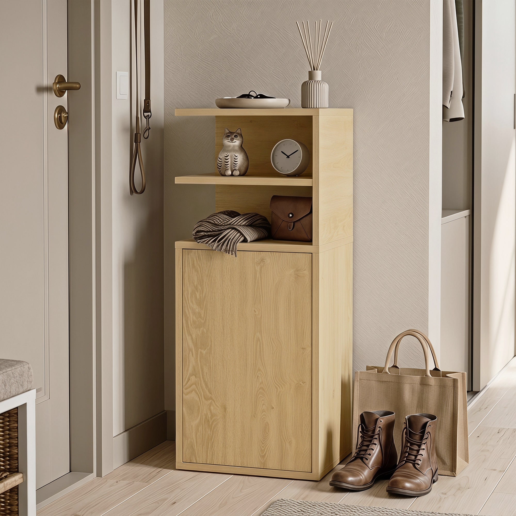 HOMCOM Slim Bedside Table Set of 2, Narrow Bedside Cabinet with Open Cubbies and Cupboard for Bedroom Living Room, Oak