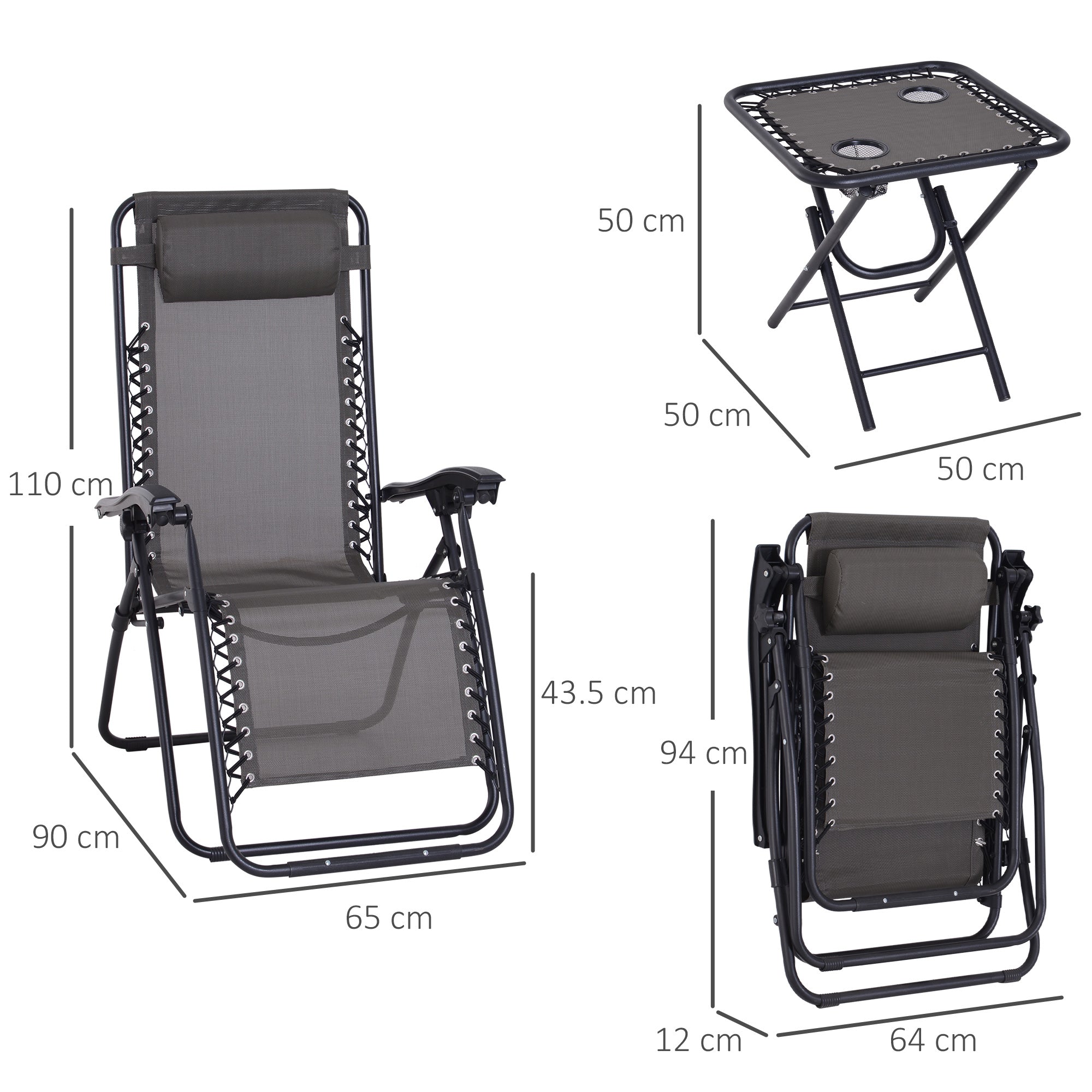 Outsunny 3pcs Folding Zero Gravity Chairs Sun Lounger Table Set w/ Cup Holders Reclining Garden Yard Pool, Dark Grey - North Peak Garden Furniture
