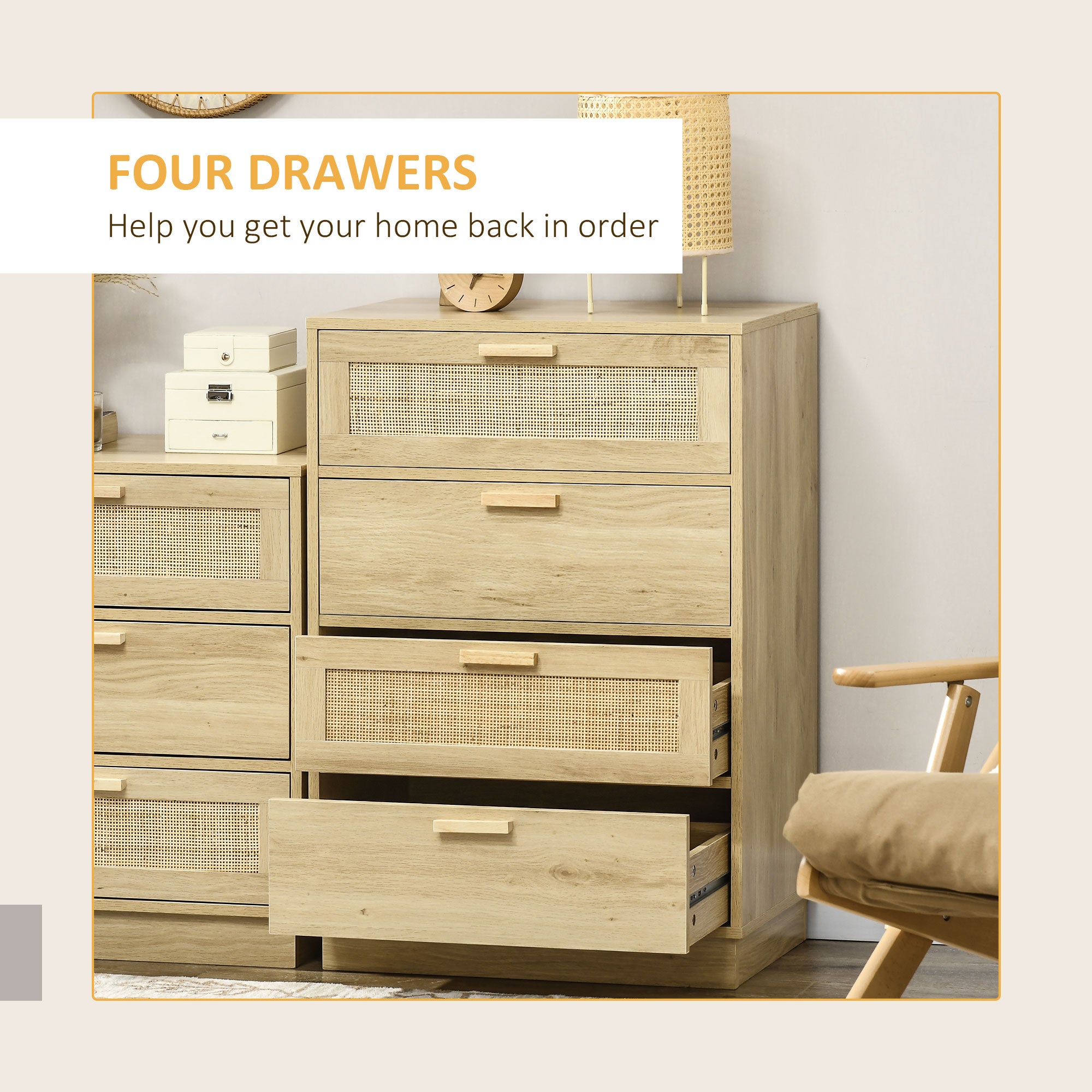 HOMCOM Chest of Four Rattan Weave Panel Drawers - Wood-Effect - North Peak Garden Furniture