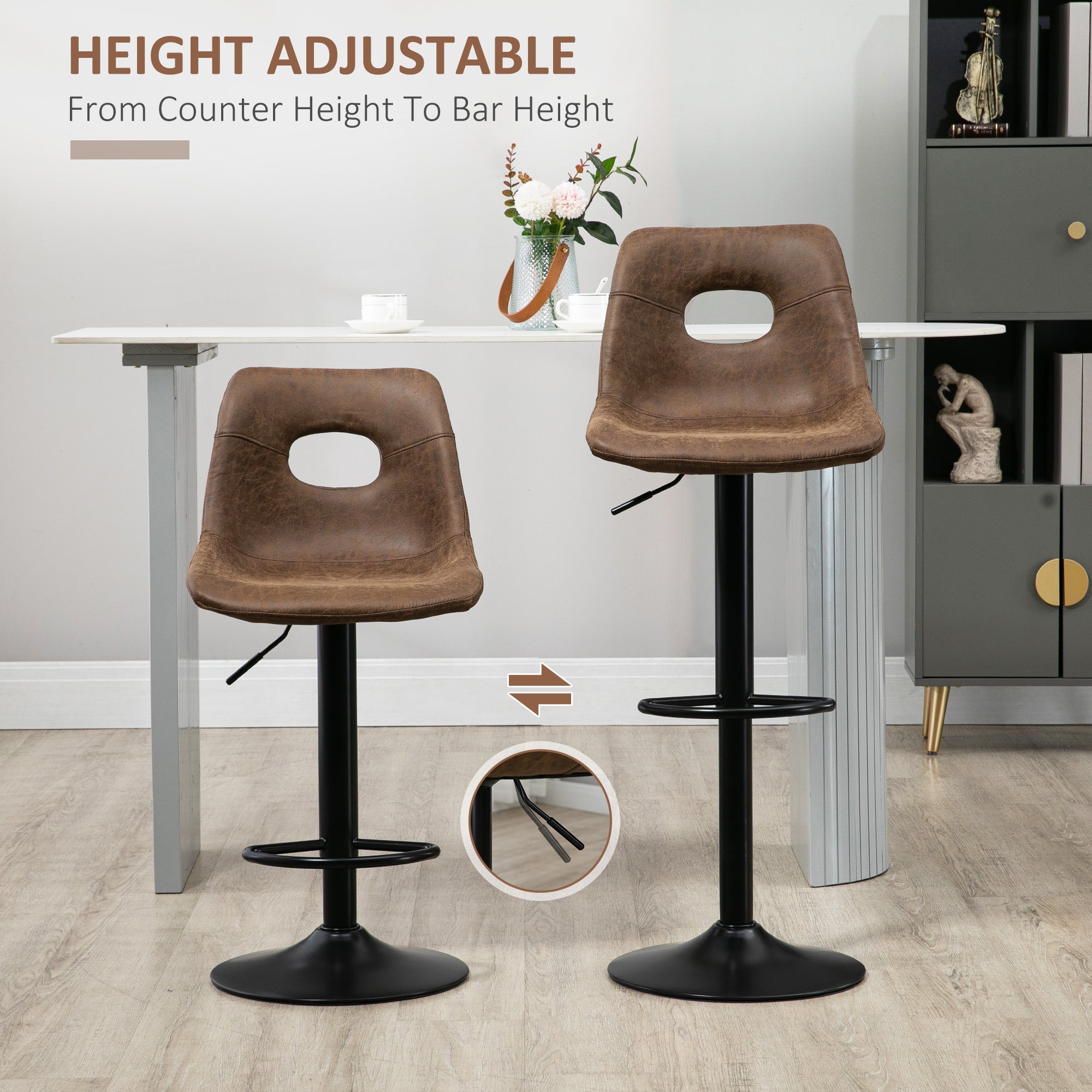 HOMCOM Bar Stools Set of 2, Adjustable Breakfast Dining Stools with Backrest, Footrest, Microfiber Cloth Kithchen Island Counter, Brown - North Peak Garden Furniture
