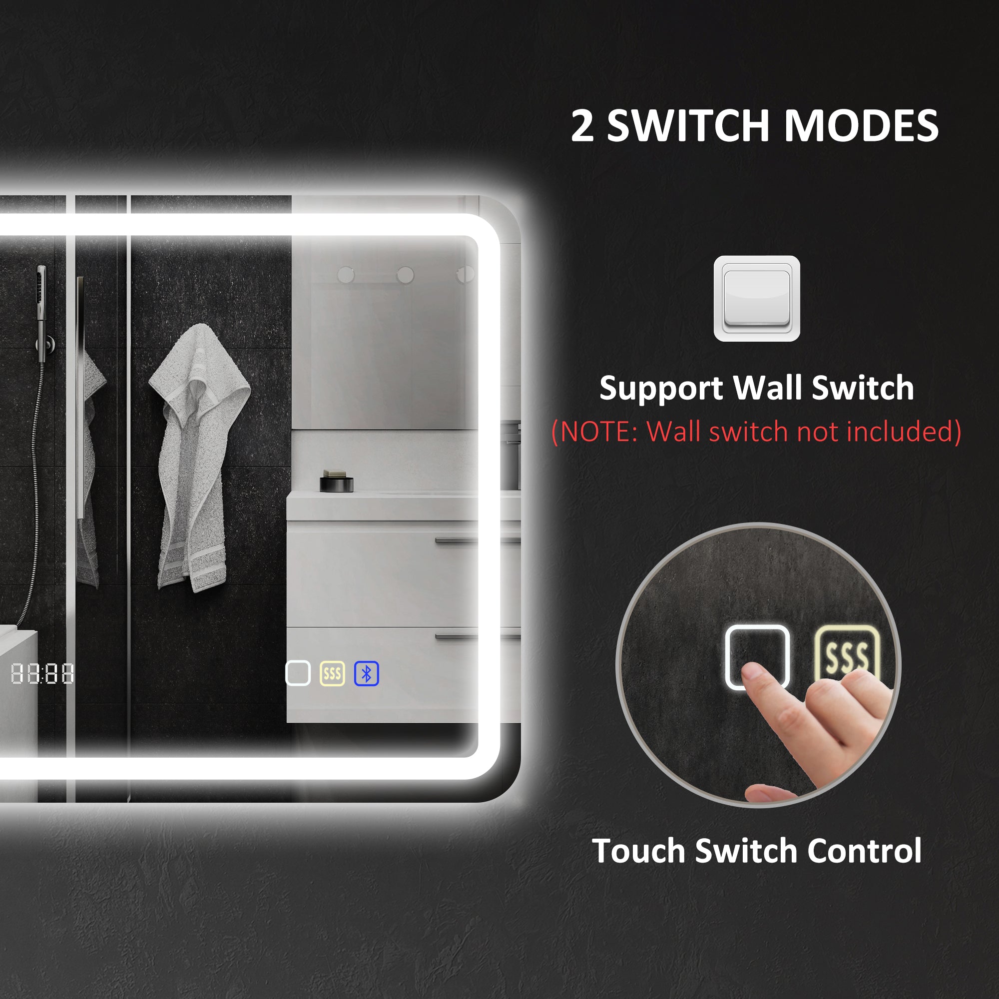 HOMCOM 60 x 80 cm Bluetooth LED Bathroom Mirror with Clock Anti-Fog - Silver Tone - North Peak Garden Furniture