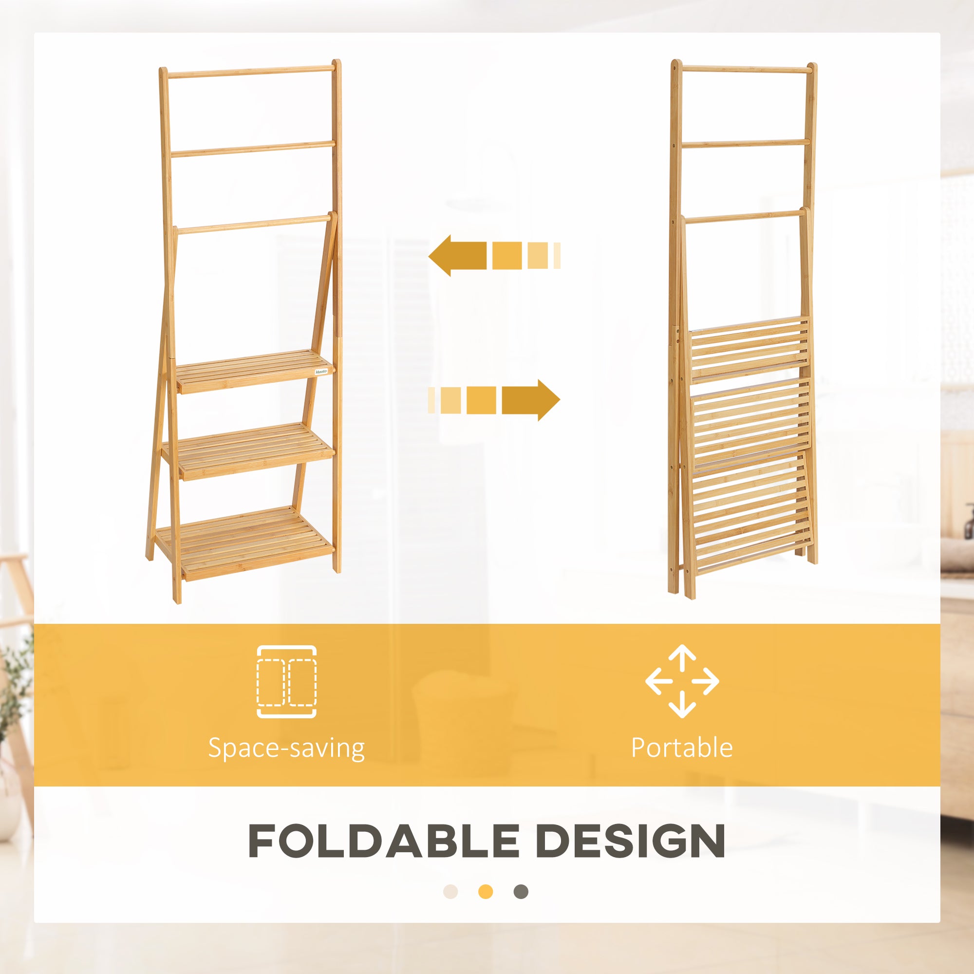 kleankin Freestanding Natural Bamboo Towel Rack with 3 Towel Rails and 3 Storage Shelves, Space-Saving Foldable Towel Holder for Bathroom - North Peak Garden Furniture