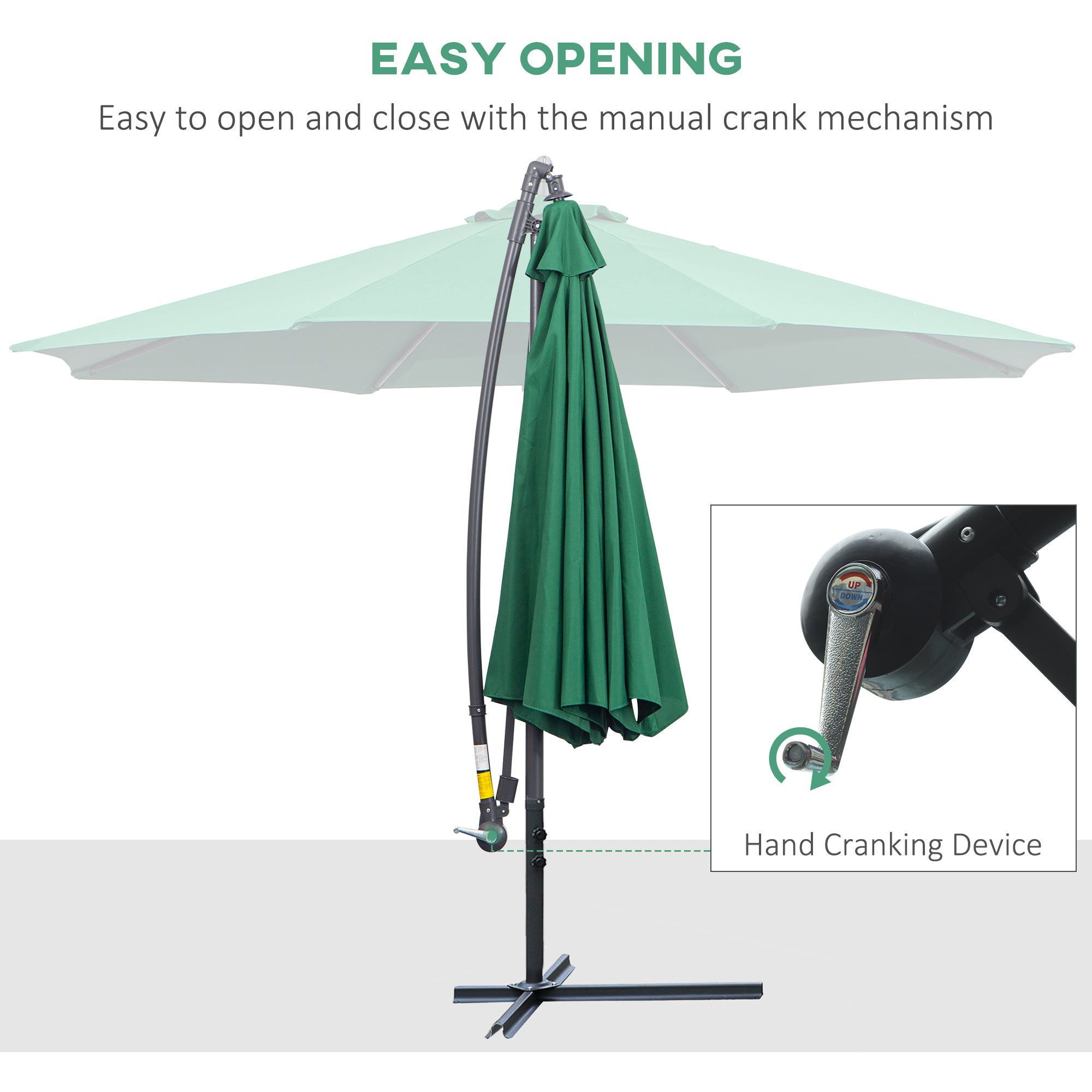 Outsunny Banana Cantilever Parasol: 3m Hanging Umbrella with Crank & Cross Base, Outdoor Sun Shelter, Verdant Green