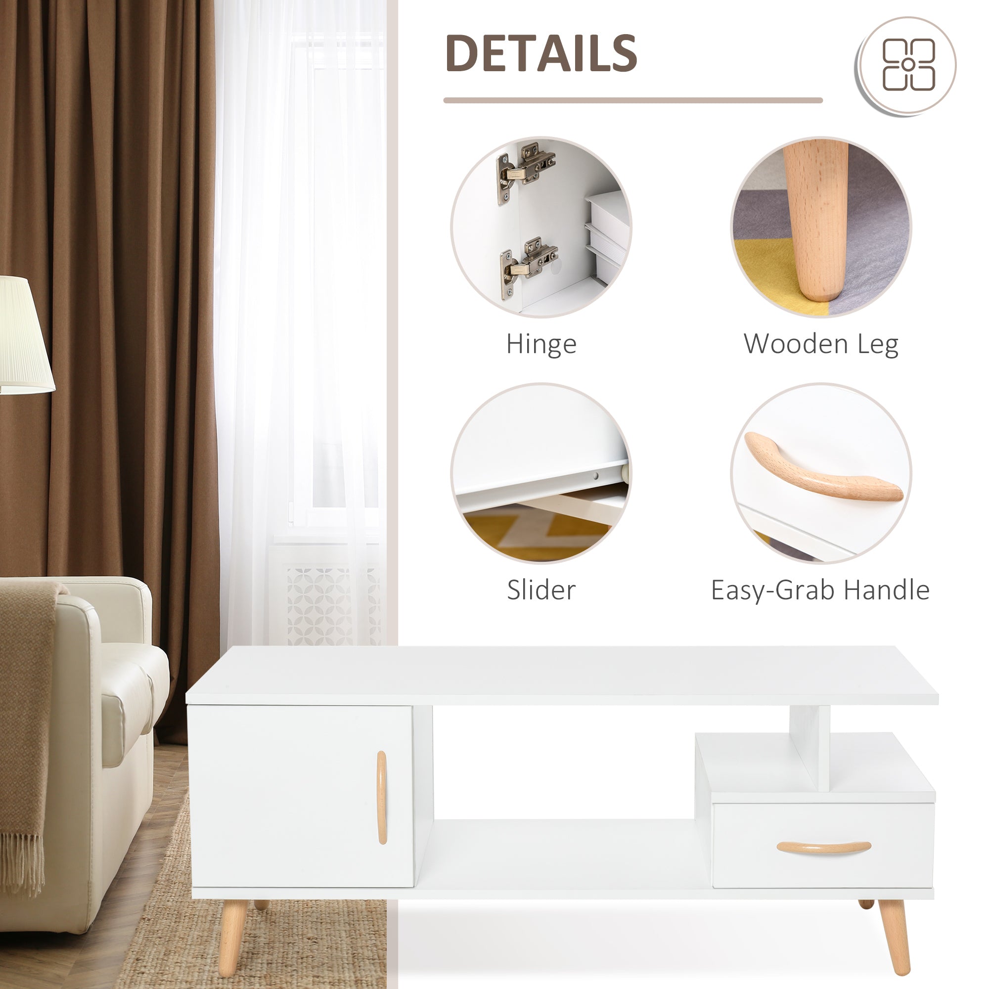 HOMCOM Modern Minimalism Coffee Table with Storage, Sofa Side Table with Shelf & Drawer for Living Room Reception Room, White - North Peak Garden Furniture