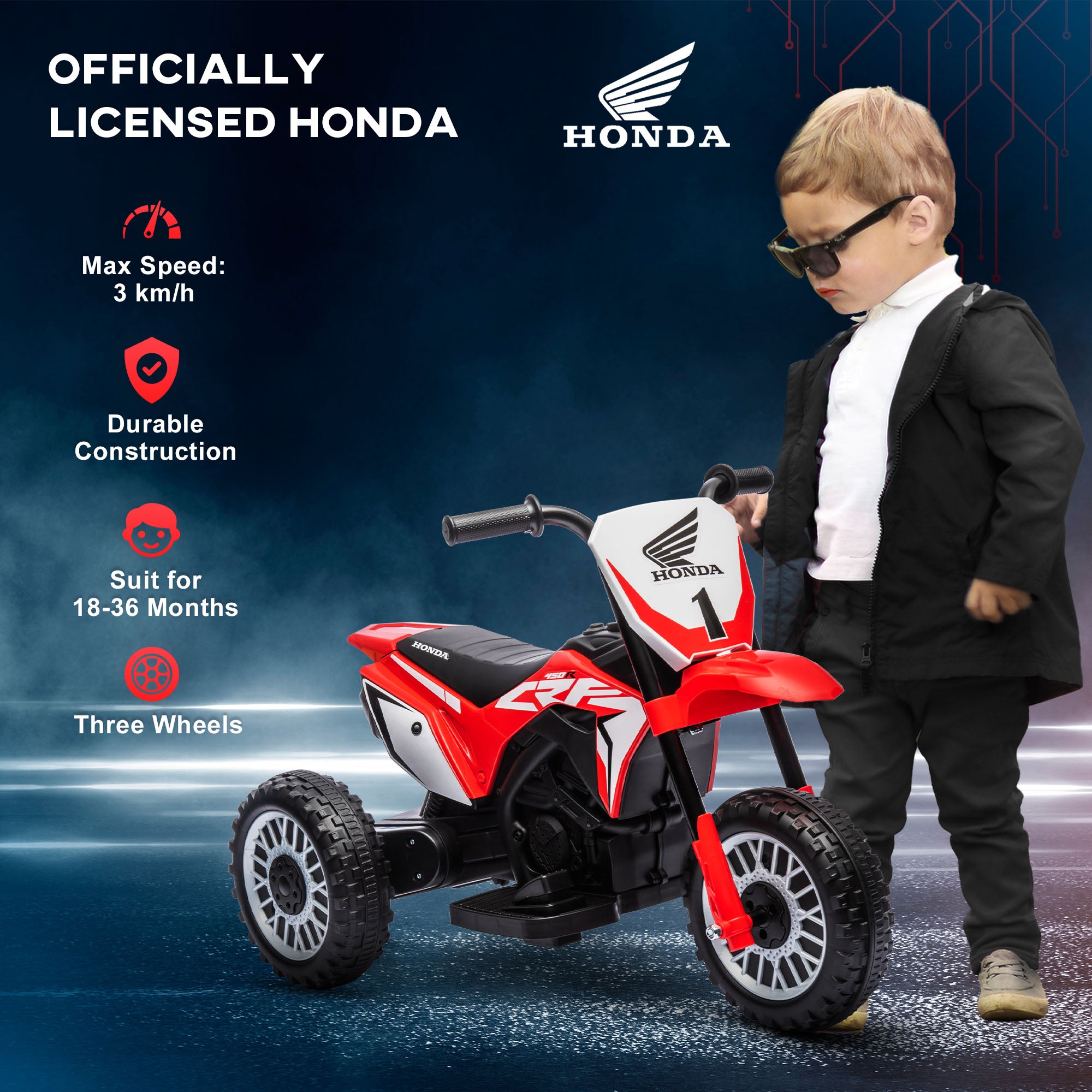 HOMCOM 6V Kids Motorbike, Three-Wheel Kids Electric Bike with Horn, Startup Sound for Ages 18-36 Months - Red - North Peak Garden Furniture