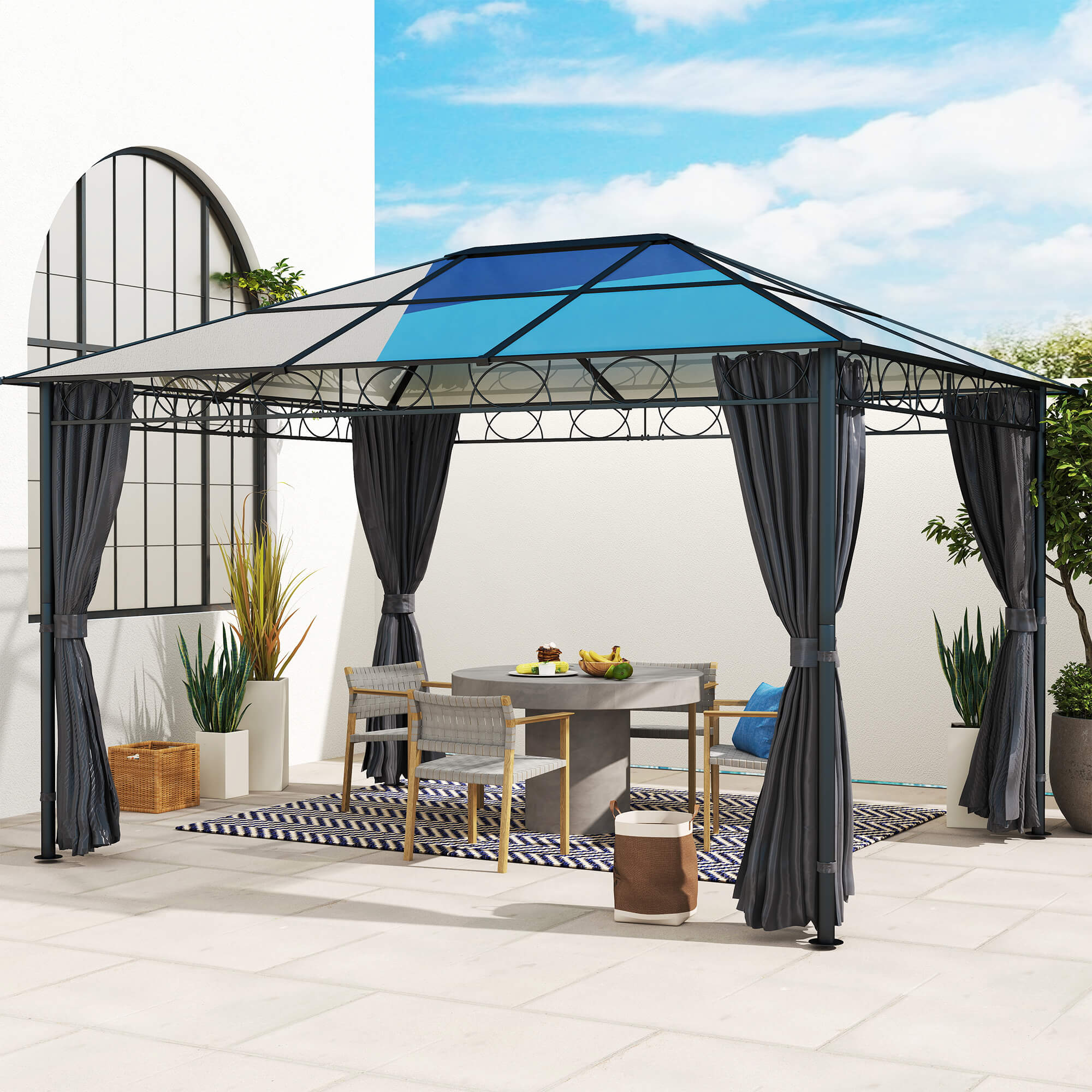 Outsunny Hardtop Gazebo Garden Pavilion with UV Resistant Polycarbonate Roof, Curtains, Steel & Aluminium Frame, 3 x 4m, Grey - North Peak Garden Furniture