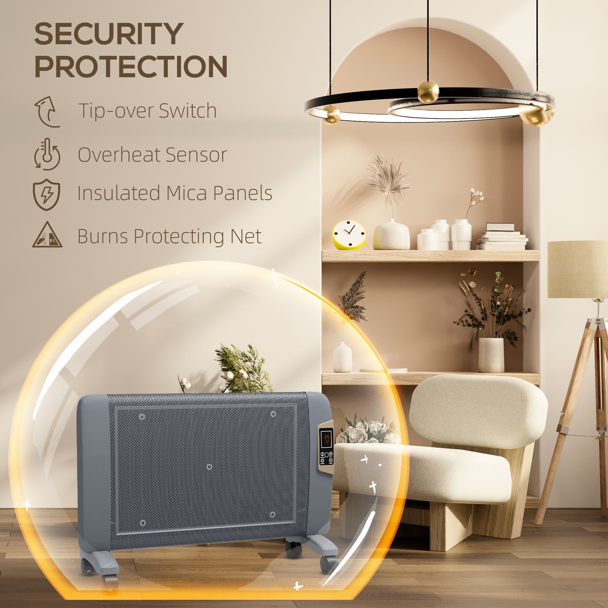 HOMCOM Mica Electric Space Heater, Portable Heater for Home with 2 Heat Settings, Living Room, Study, Garage, Adjustable Temperature 18-30°C, 1000W/2000W, Grey - North Peak Garden Furniture