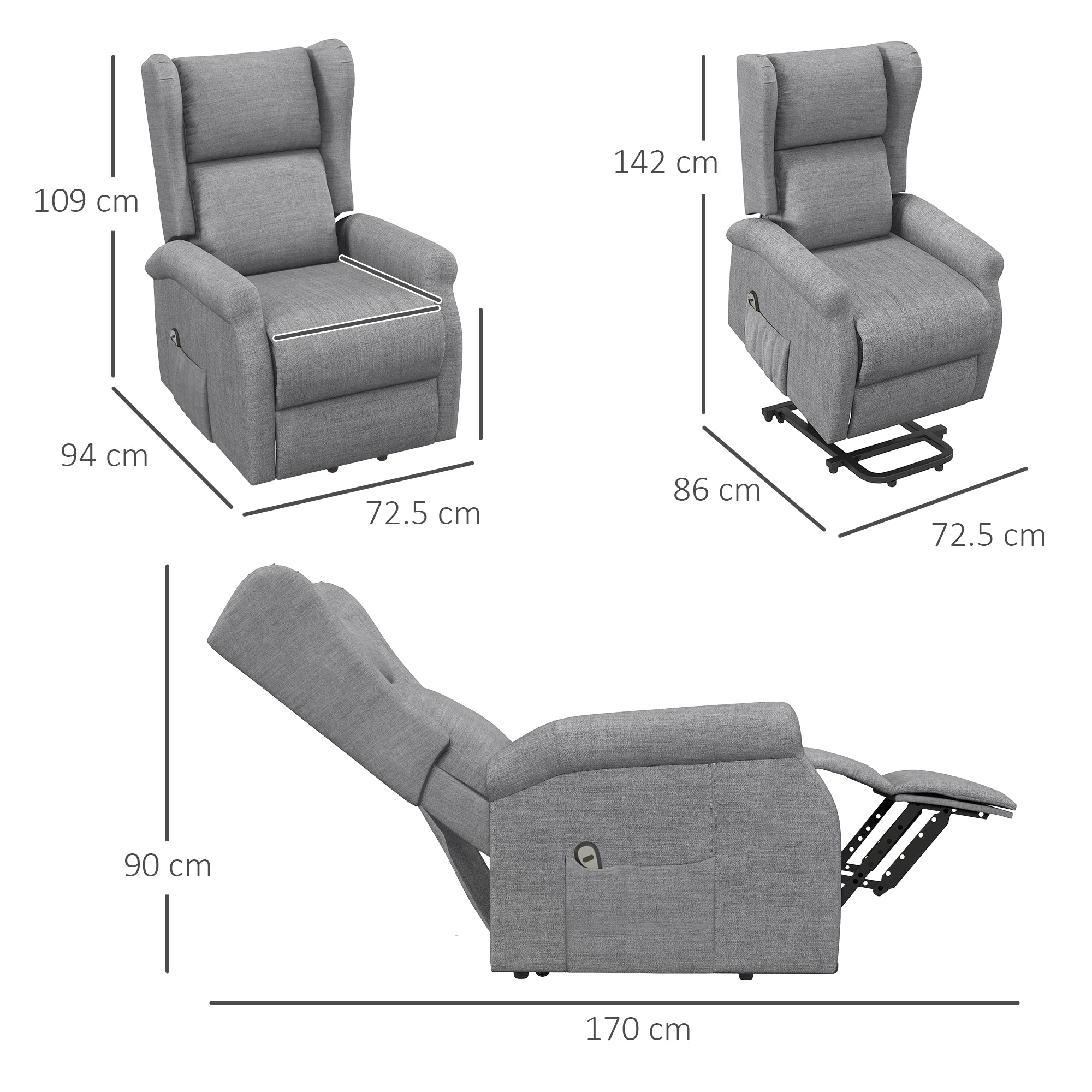 HOMCOM Power Lift Recliner Armchair, Electric Lift Chair for Elderly, Fabric Riser and Reclining Chair with Remote Control, Side Pockets, Extended Footrest, for Living Room, Grey