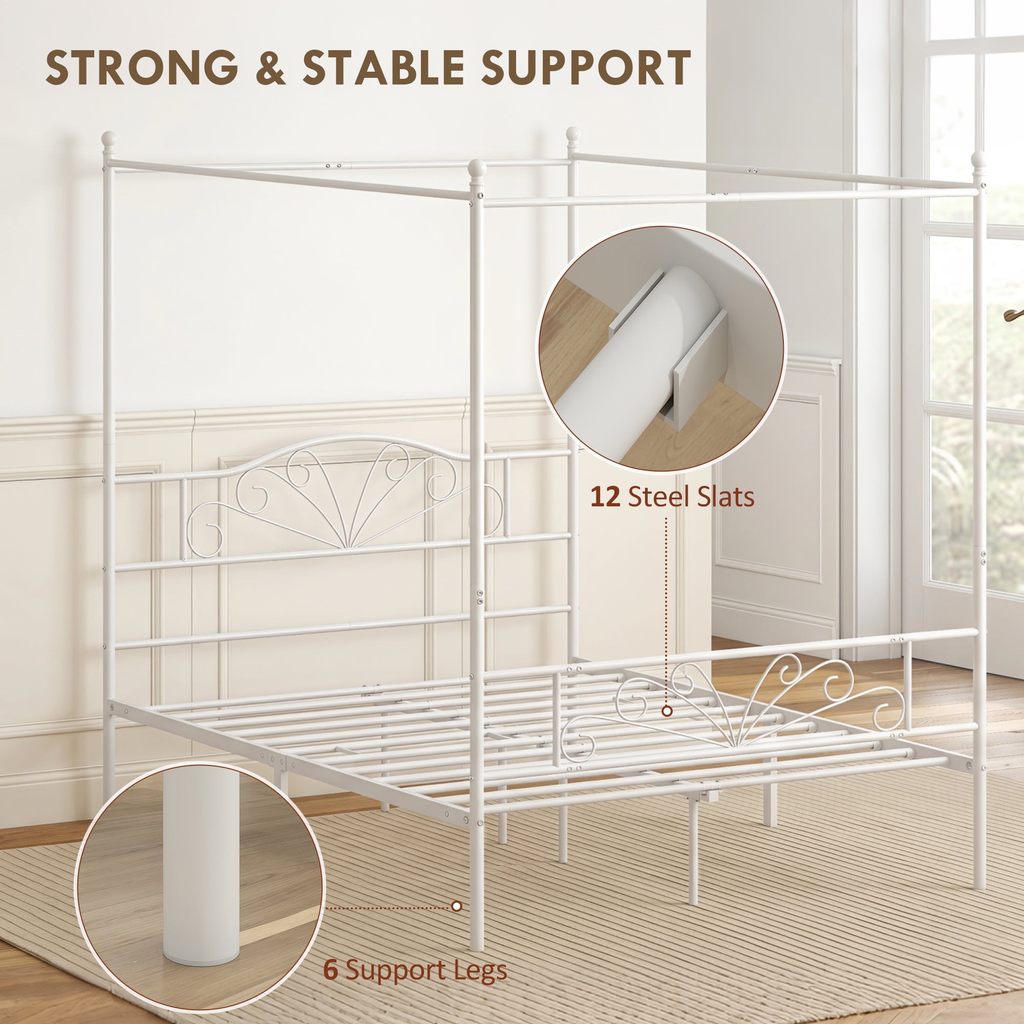 HOMCOM Canopy Bed Frame Double Size, Metal Platform Bed Frame with Headboard and Footboard, Underbed Storage, White