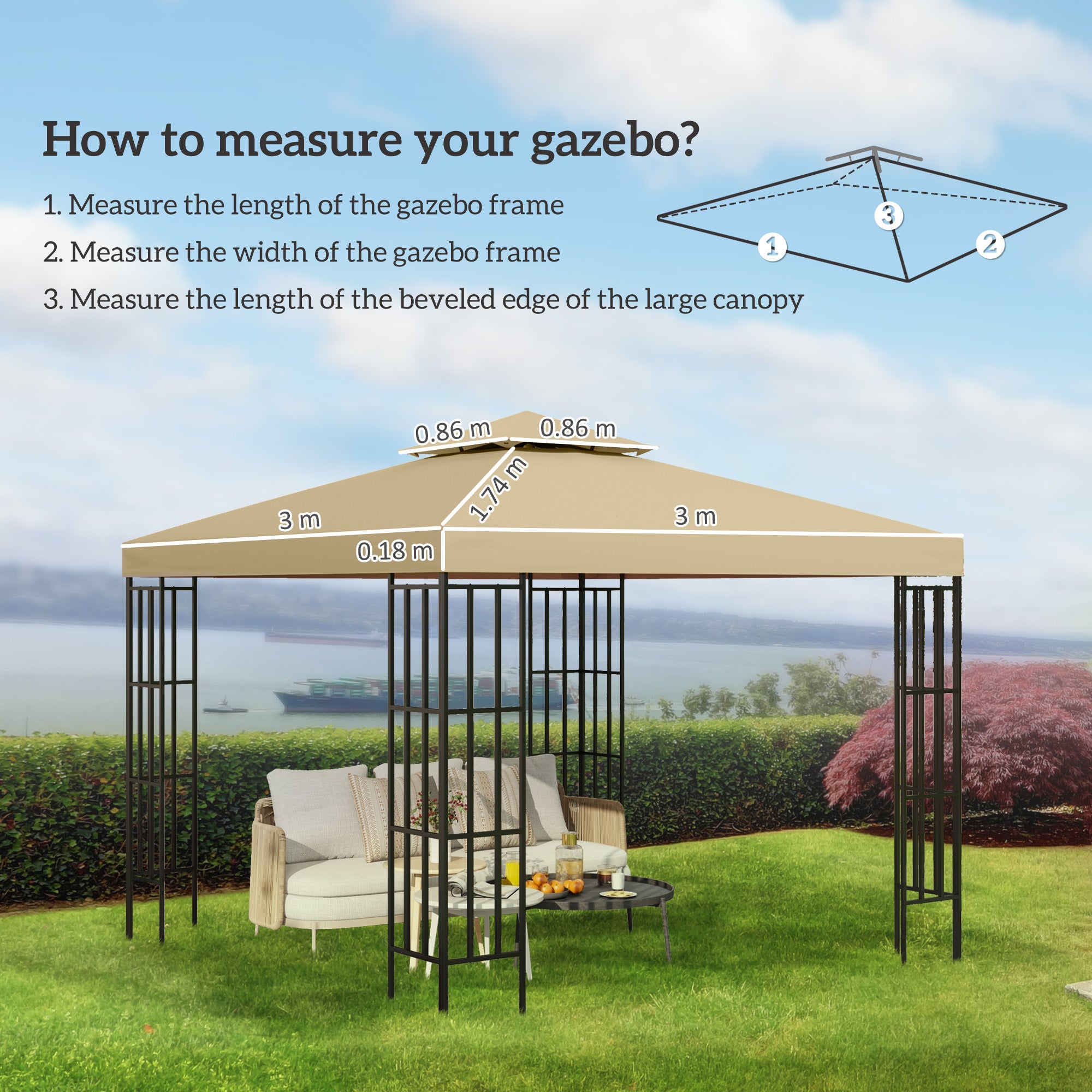 Outsunny 3(m) Gazebo Top Cover Double Tier Canopy Replacement Pavilion Roof Deep Beige - North Peak Garden Furniture