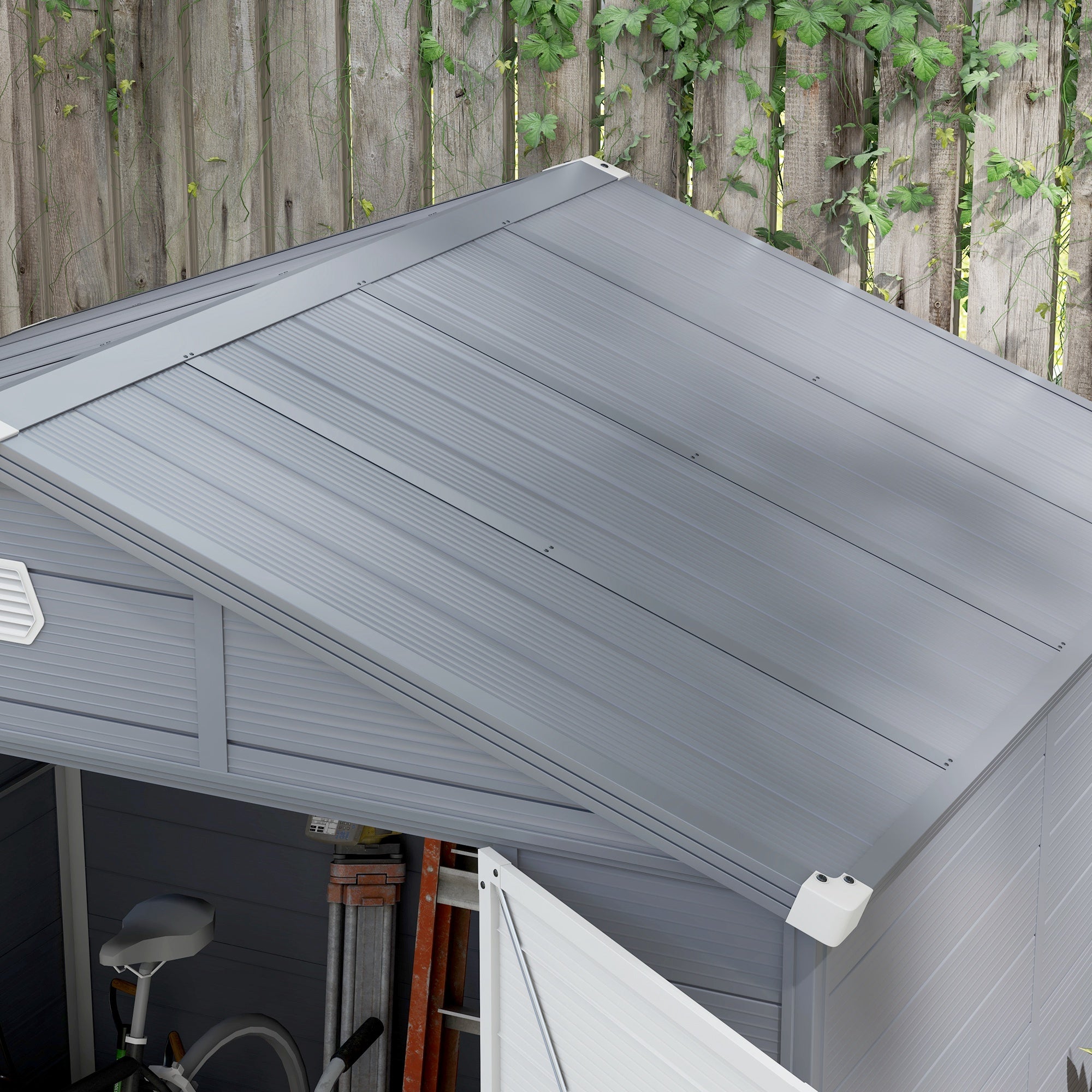 Outsunny 7.9ft x 6.2ft Aluminium Frame and Plastic Wall Shed, with Foundation - Grey - North Peak Garden Furniture